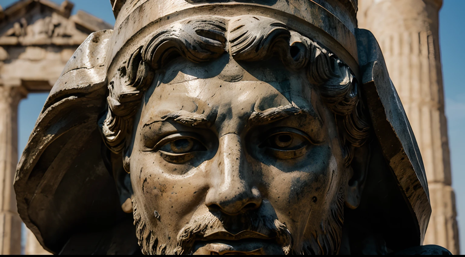 Ancient Stoic Statue With Very Angry Expression, tem barba, muitos detalhes em ambos os olhos, Outside, fundo atenas grego, open sky, com rosto extremamente detalhado full body view, Colors with low saturation with dark tone, Filmado em Sony A7S III com Sony FE 35mm f/1.8, 12.1 MP, --AR 3:2 --estilo cru