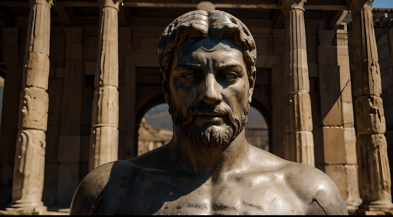 Ancient Stoic Statue With Very Angry Expression, tem barba, muitos detalhes em ambos os olhos, Outside, fundo atenas grego, open sky, com rosto extremamente detalhado full body view, Colors with low saturation with dark tone, Filmado em Sony A7S III com Sony FE 35mm f/1.8, 12.1 MP, --AR 3:2 --estilo cru