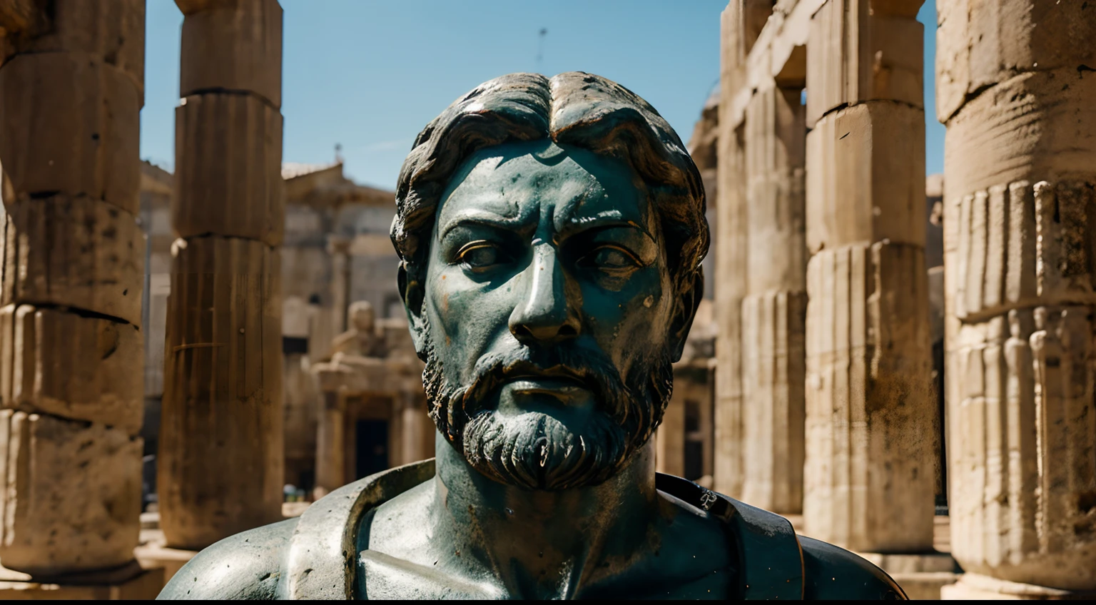 Ancient Stoic Statue With Very Angry Expression, tem barba, muitos detalhes em ambos os olhos, Outside, fundo atenas grego, open sky, com rosto extremamente detalhado full body view, Colors with low saturation with dark tone, Filmado em Sony A7S III com Sony FE 35mm f/1.8, 12.1 MP, --AR 3:2 --estilo cru