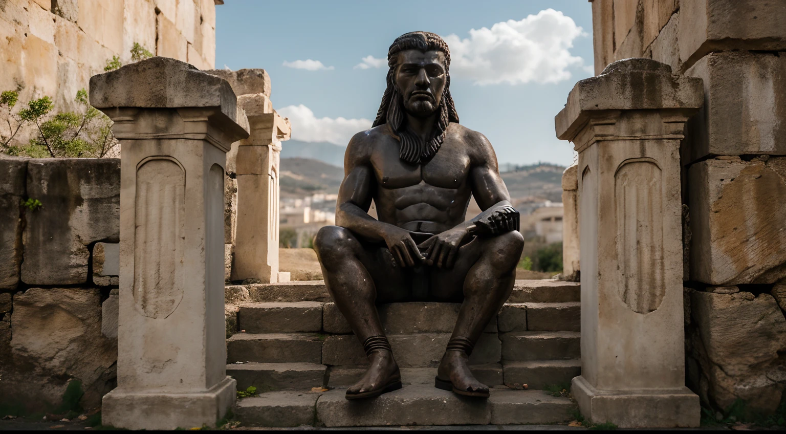 Ancient Stoic Statue With Very Angry Expression, tem barba, muitos detalhes em ambos os olhos, Outside, fundo atenas grego, open sky, com rosto extremamente detalhado full body view, Colors with low saturation with dark tone, Filmado em Sony A7S III com Sony FE 35mm f/1.8, 12.1 MP, --AR 3:2 --estilo cru