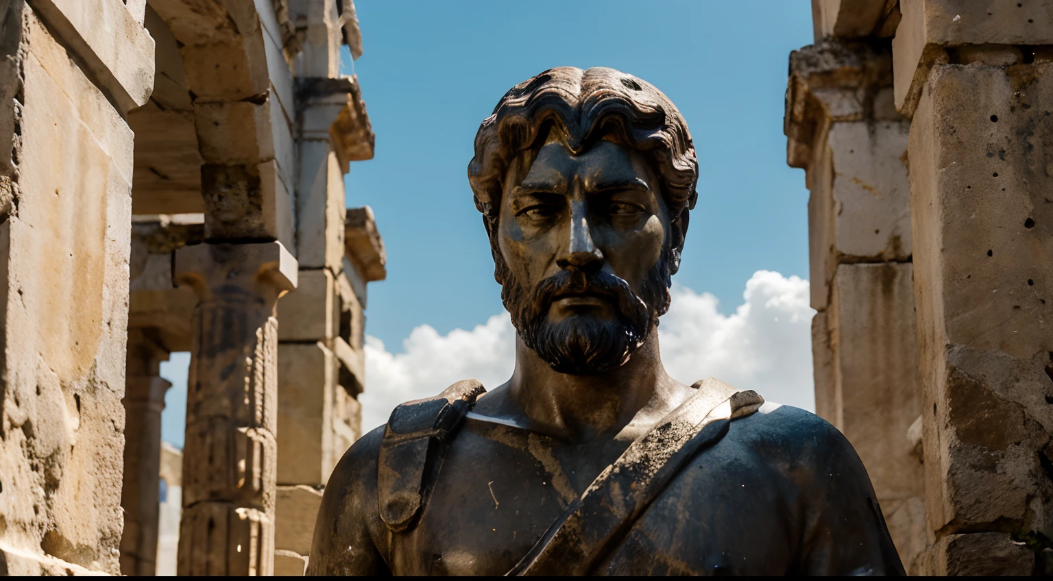 Ancient Stoic Statue With Very Angry Expression, tem barba, muitos detalhes em ambos os olhos, Outside, fundo atenas grego, open sky, com rosto extremamente detalhado full body view, Colors with low saturation with dark tone, Filmado em Sony A7S III com Sony FE 35mm f/1.8, 12.1 MP, --AR 3:2 --estilo cru