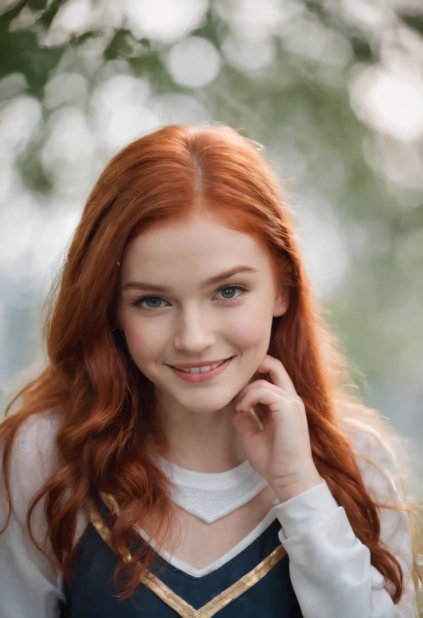 Beautiful red-haired 13-year-old cheerleader posing and smiling