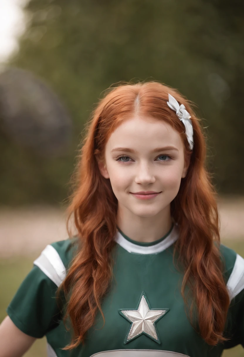 Beautiful red-haired 13-year-old cheerleader posing and smiling