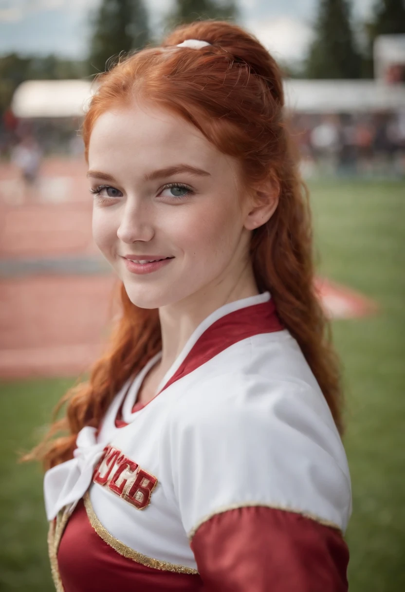 Beautiful red-haired 13-year-old cheerleader posing and smiling