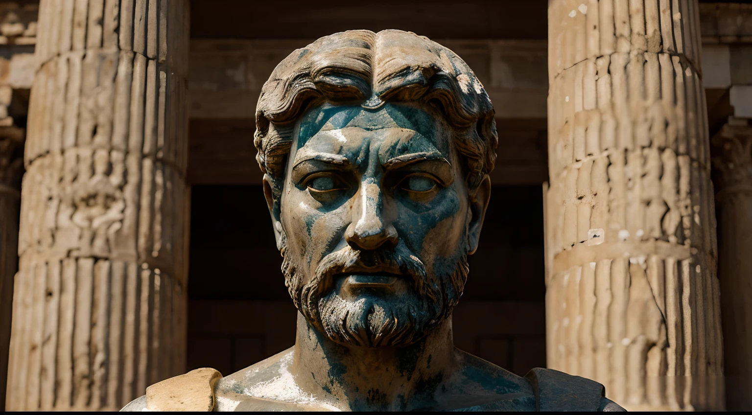 Ancient Stoic Statue With Very Angry Expression, tem barba, muitos detalhes em ambos os olhos, Outside, fundo atenas grego, open sky, com rosto extremamente detalhado full body view, Colors with low saturation with dark tone, Filmado em Sony A7S III com Sony FE 35mm f/1.8, 12.1 MP, --AR 3:2 --estilo cru