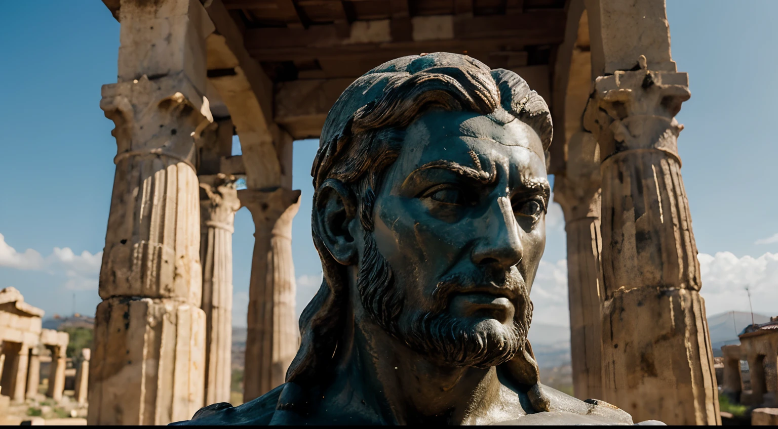 Ancient Stoic Statue With Very Angry Expression, tem barba, muitos detalhes em ambos os olhos, Outside, fundo atenas grego, open sky, com rosto extremamente detalhado full body view, Colors with low saturation with dark tone, Filmado em Sony A7S III com Sony FE 35mm f/1.8, 12.1 MP, --AR 3:2 --estilo cru