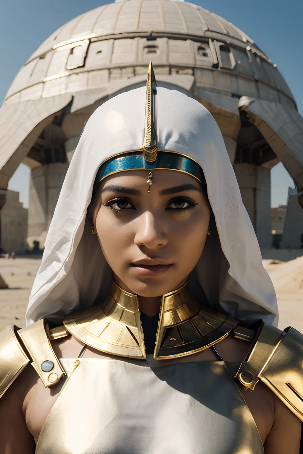 Futuristic Egyptian Queen character in a futuristic white clean world setting HD photography, ultra-realistic, King Tut, 4k, hyper-realistic, sharp texture, color, nude tits, naked