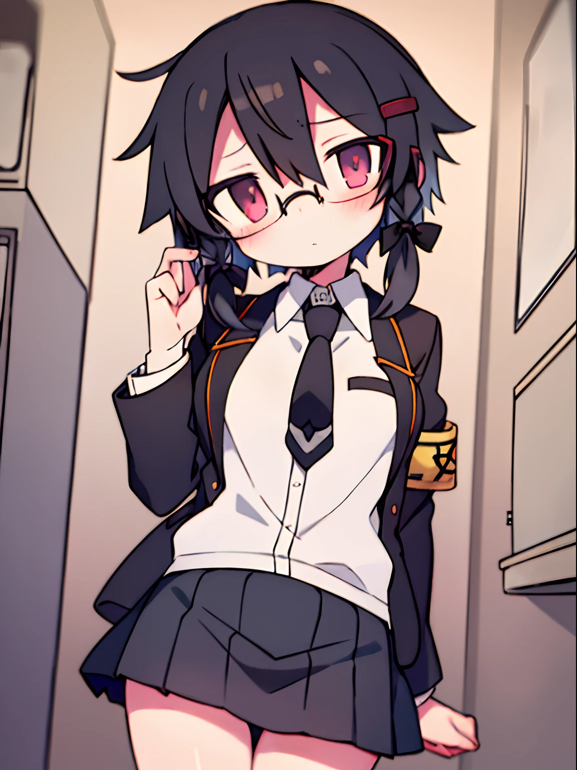 shino asada, (black eyes:1.5), black hair, hair between eyes, hair ribbon, short hair, sidelocks, glasses, hairclip, blazer, black jacket, black skirt, jacket, necktie, pleated skirt, red necktie, ribbon, school uniform, skirt, tress ribbon, happy, daizu,