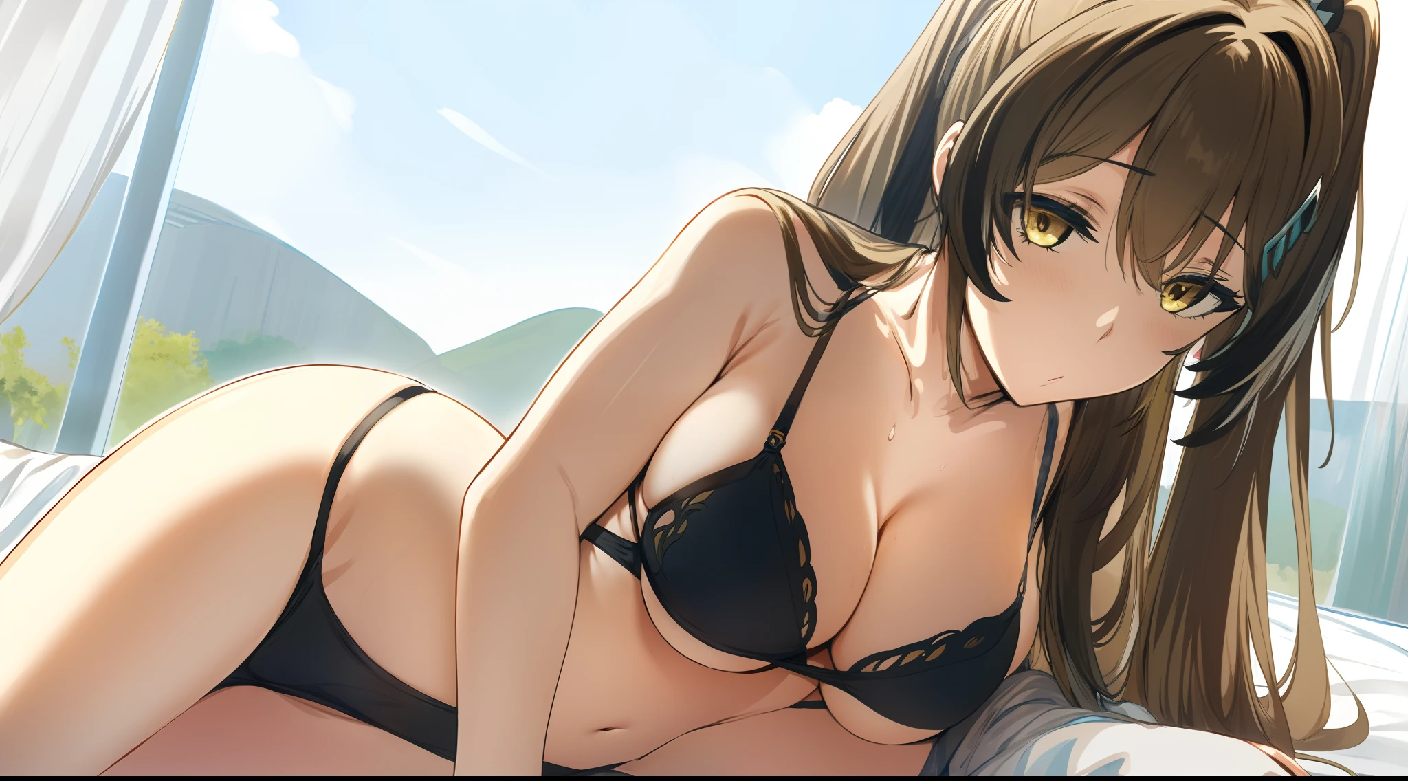 2D, HD, Detailed details, Detailed landscapes, beautiful lights, Beautiful Shadows, top-quality, Highly detailed, masterpiece, best quality, solo, 1girl, aamumei, very long hair, ponytail, ahoge, multicolored hair, feather hair ornament, hairclip, hews, hews styled, brown hair, looking at the viewer, anime-styled, (large breasts), blush, navel, armpit, hand over head, shiny skin, sleep, depth of field, ((black bra)), black panty, on bed