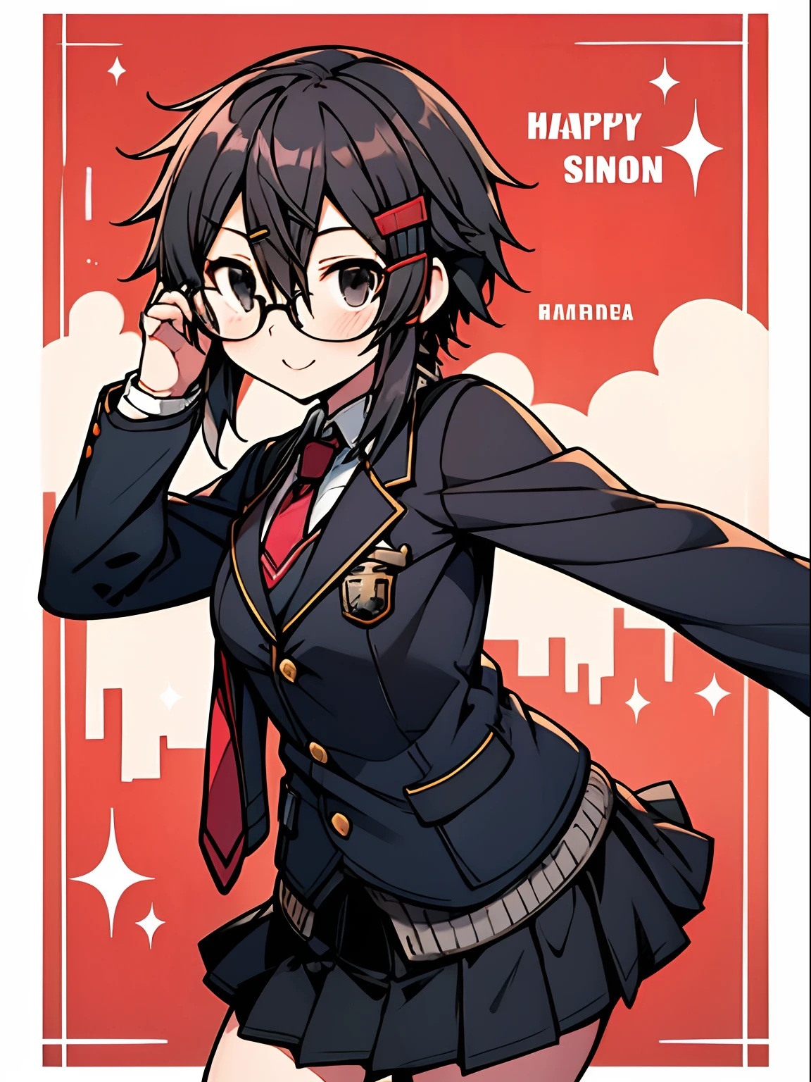 shino asada, (black eyes:1.5), black hair, hair between eyes, hair ribbon, short hair, sidelocks, glasses, hairclip, blazer, black jacket, black skirt, jacket, necktie, pleated skirt, red necktie, ribbon, school uniform, skirt, tress ribbon, happy,