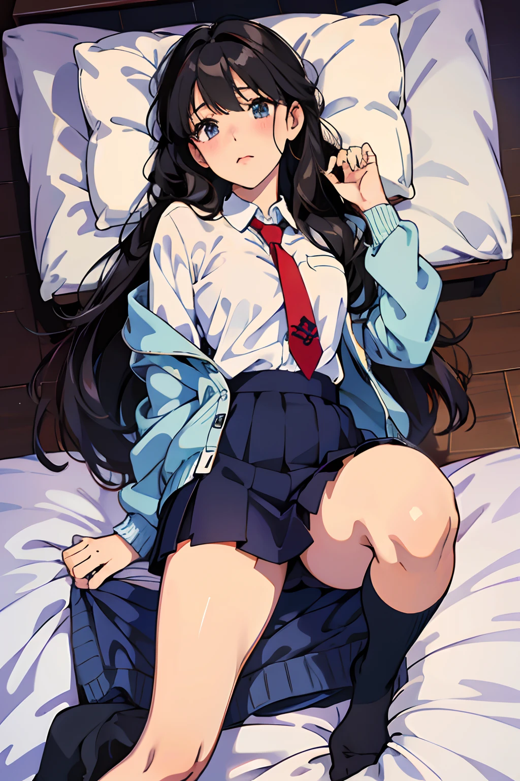 hight resolution、cute little、Amazing beautiful girl,female high-school student、 Anime style, 、17 age、on the bed、A dark-haired、Glamour、Colossal tits、de pele branca、wide-open legs、Very embarrassing、red blush。 Best Quality , Textured skin、 high details, High quality,Semi-long hair、No shoes,nudde,pubick hair、Black short socks、Pubic area、 hair、Open the crotch,、Tsurime,Anime-style eyes,Anime-style nose,Anime-style mouth、Turn your pubic area towards me、Highlights in the eyes、The pubic area is open,Lots of pubic hair、、night lights、pov from down、Tempting、white shirt、Blue tie、 Gray cardigan,I'm showing my pubic area,Lower body nudity、