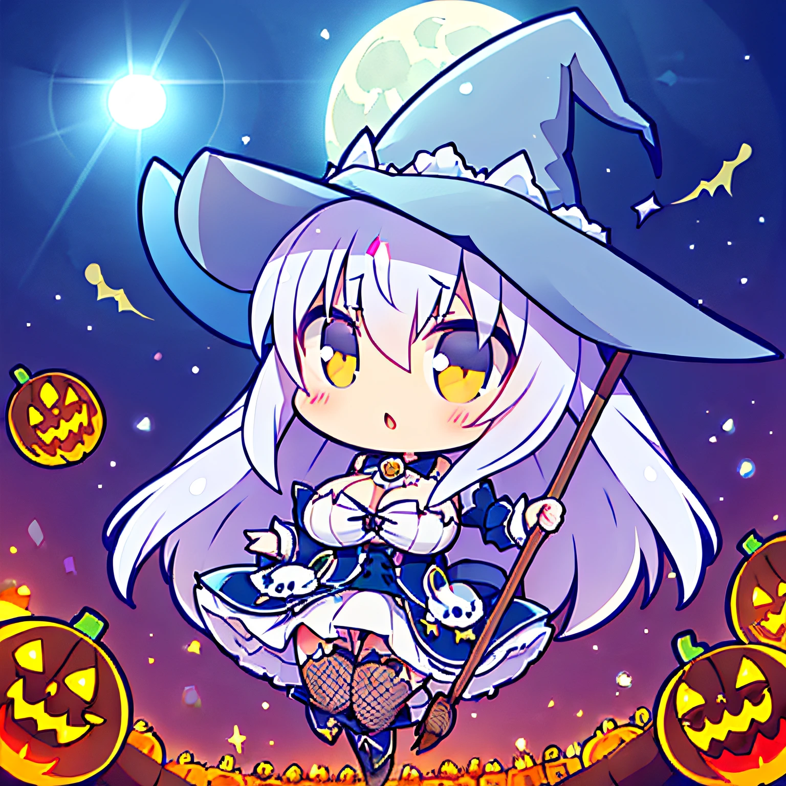 ((worst quality, low-quality)), tchibi, ((nendoroid)), (((Rabbit eared girl))), Solo, ((Big breasts)), ((Long silver hair)), Hair over one eye, plump shiny lips, Beautiful clear eyes, Spoken Heart, ((the witch)), ((witch's hat)), fishnet tights, embarrassed, (Flying broom:1.3), ((Composition on a flying broom)), ((squash)), (((Jack Lantern))), (Suspicious light, rays of moonlight:1.4), (( The background is the moon)), high-angle shot, masutepiece,Best Quality,ultra-detailliert,