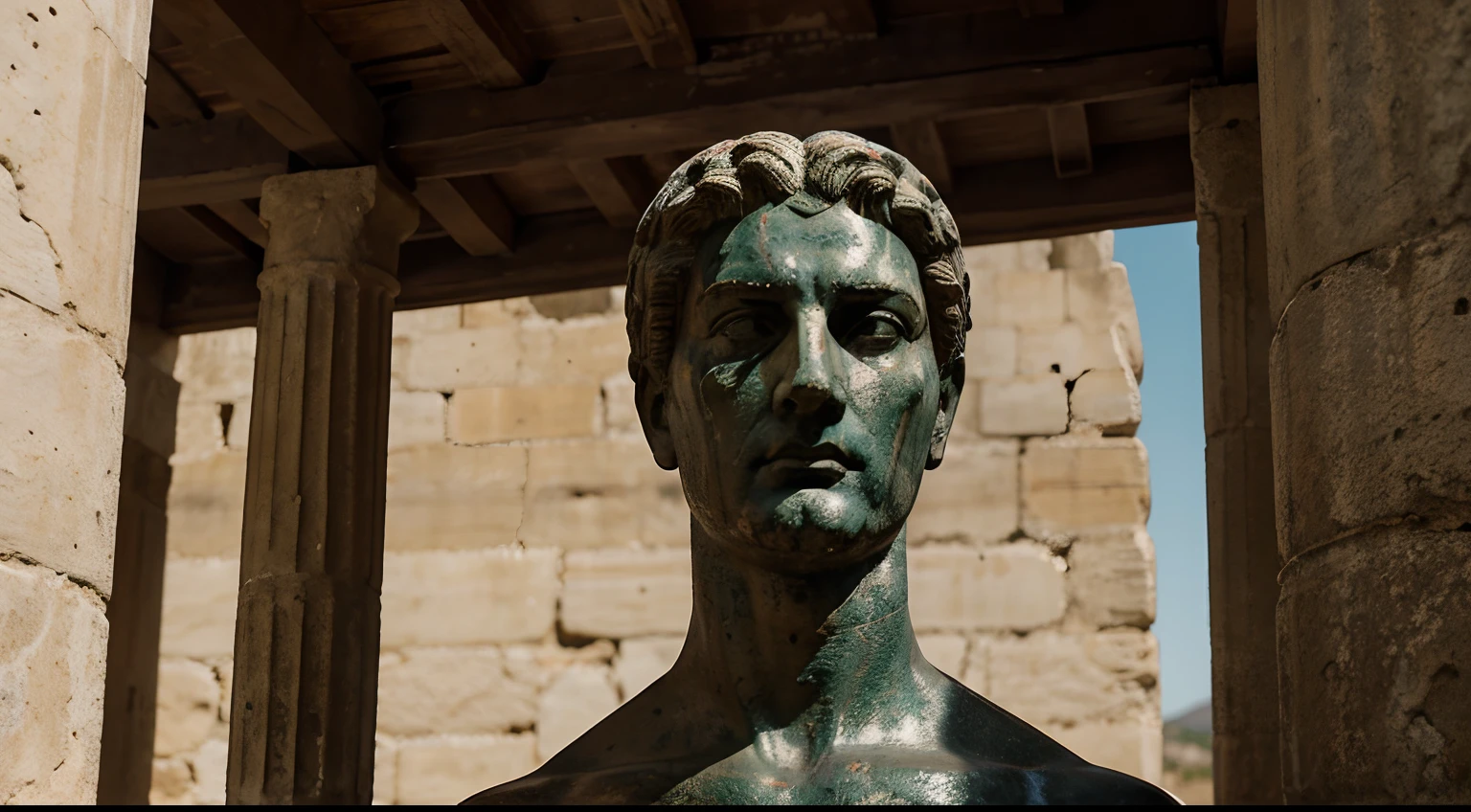 Ancient Stoic Statue With Very Angry Expression, tem barba, muitos detalhes em ambos os olhos, Outside, fundo atenas grego, open sky, com rosto extremamente detalhado full body view, Colors with low saturation with dark tone, Filmado em Sony A7S III com Sony FE 35mm f/1.8, 12.1 MP, --AR 3:2 --estilo cru