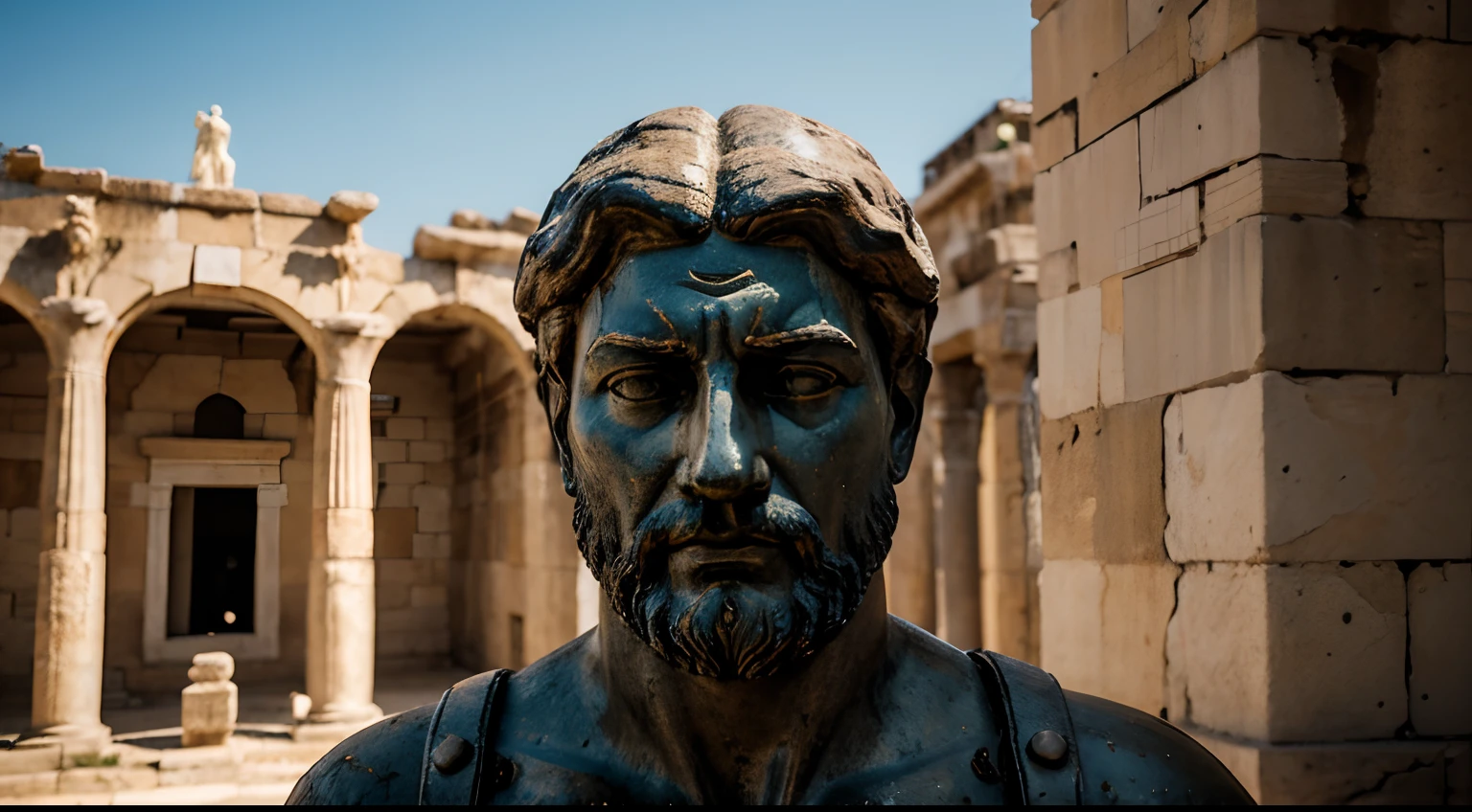 Ancient Stoic Statue With Very Angry Expression, tem barba, muitos detalhes em ambos os olhos, Outside, fundo atenas grego, open sky, com rosto extremamente detalhado full body view, Colors with low saturation with dark tone, Filmado em Sony A7S III com Sony FE 35mm f/1.8, 12.1 MP, --AR 3:2 --estilo cru