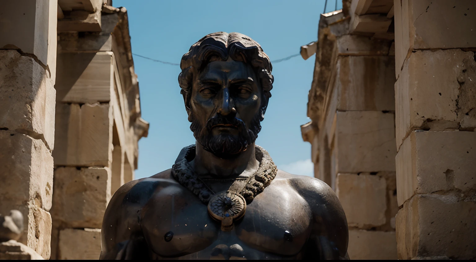 Ancient Stoic Statue With Very Angry Expression, tem barba, muitos detalhes em ambos os olhos, Outside, fundo atenas grego, open sky, com rosto extremamente detalhado full body view, Colors with low saturation with dark tone, Filmado em Sony A7S III com Sony FE 35mm f/1.8, 12.1 MP, --AR 3:2 --estilo cru