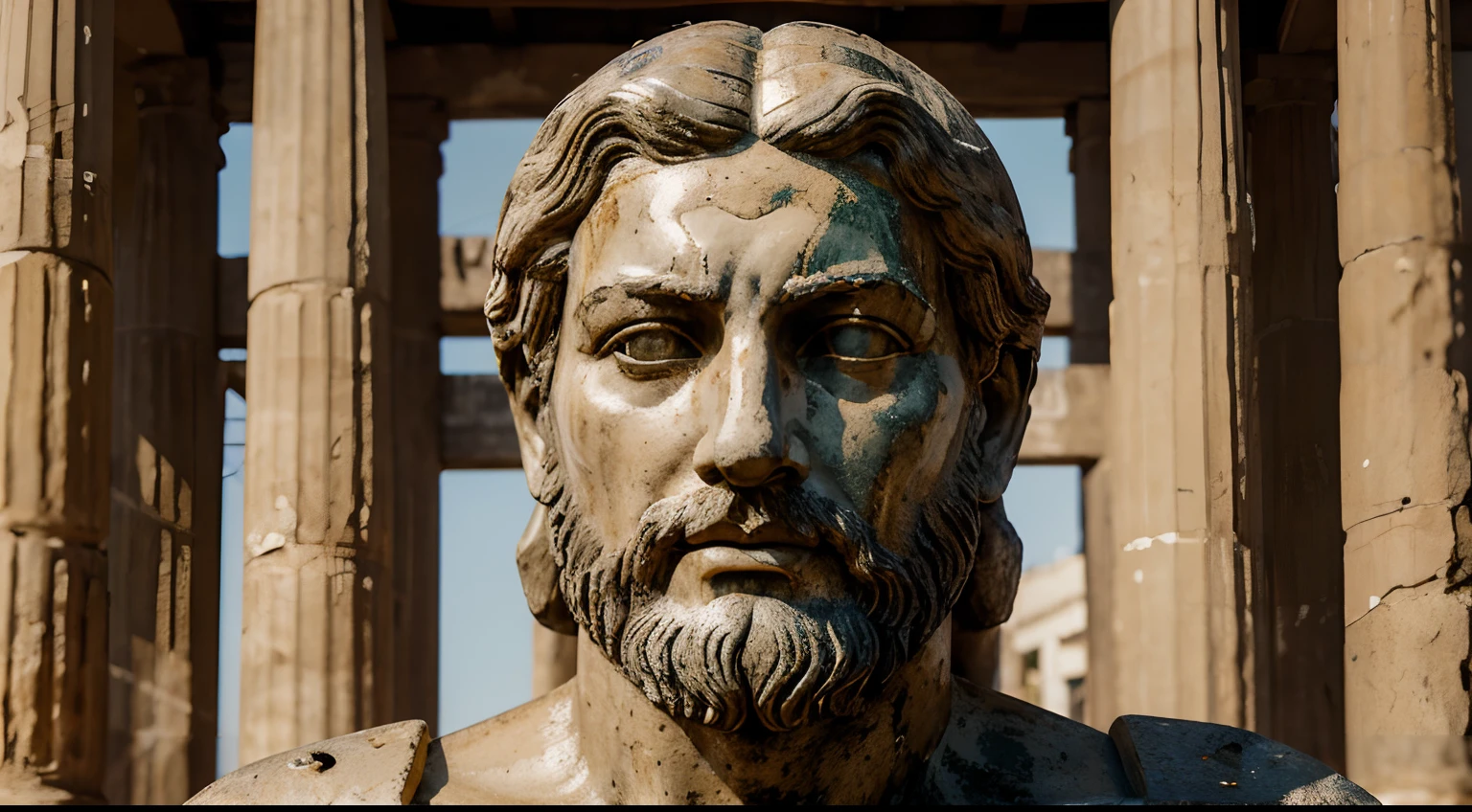 Ancient Stoic Statue With Very Angry Expression, tem barba, muitos detalhes em ambos os olhos, Outside, fundo atenas grego, open sky, com rosto extremamente detalhado full body view, Colors with low saturation with dark tone, Filmado em Sony A7S III com Sony FE 35mm f/1.8, 12.1 MP, --AR 3:2 --estilo cru