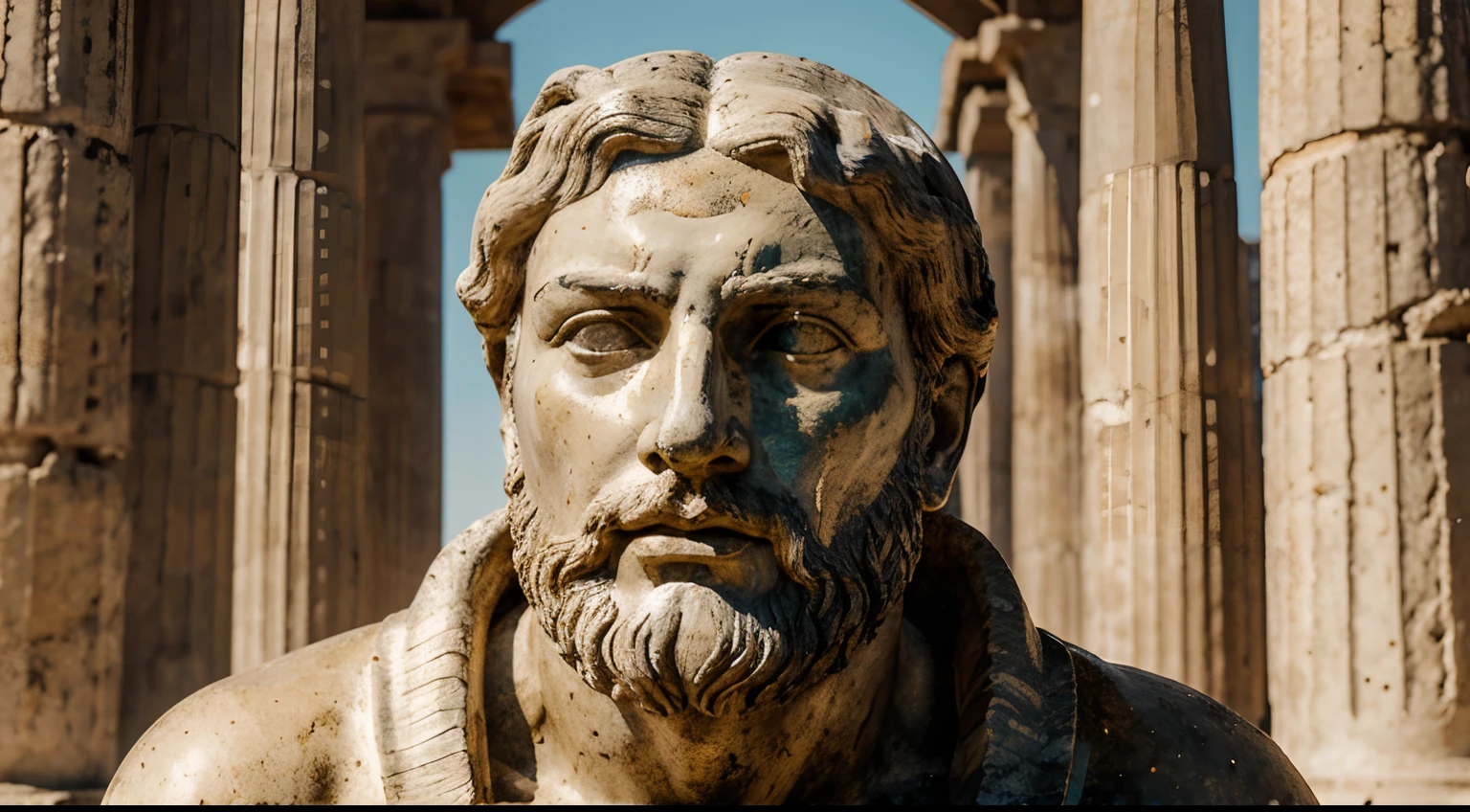 Ancient Stoic Statue With Very Angry Expression, tem barba, muitos detalhes em ambos os olhos, Outside, fundo atenas grego, open sky, com rosto extremamente detalhado full body view, Colors with low saturation with dark tone, Filmado em Sony A7S III com Sony FE 35mm f/1.8, 12.1 MP, --AR 3:2 --estilo cru
