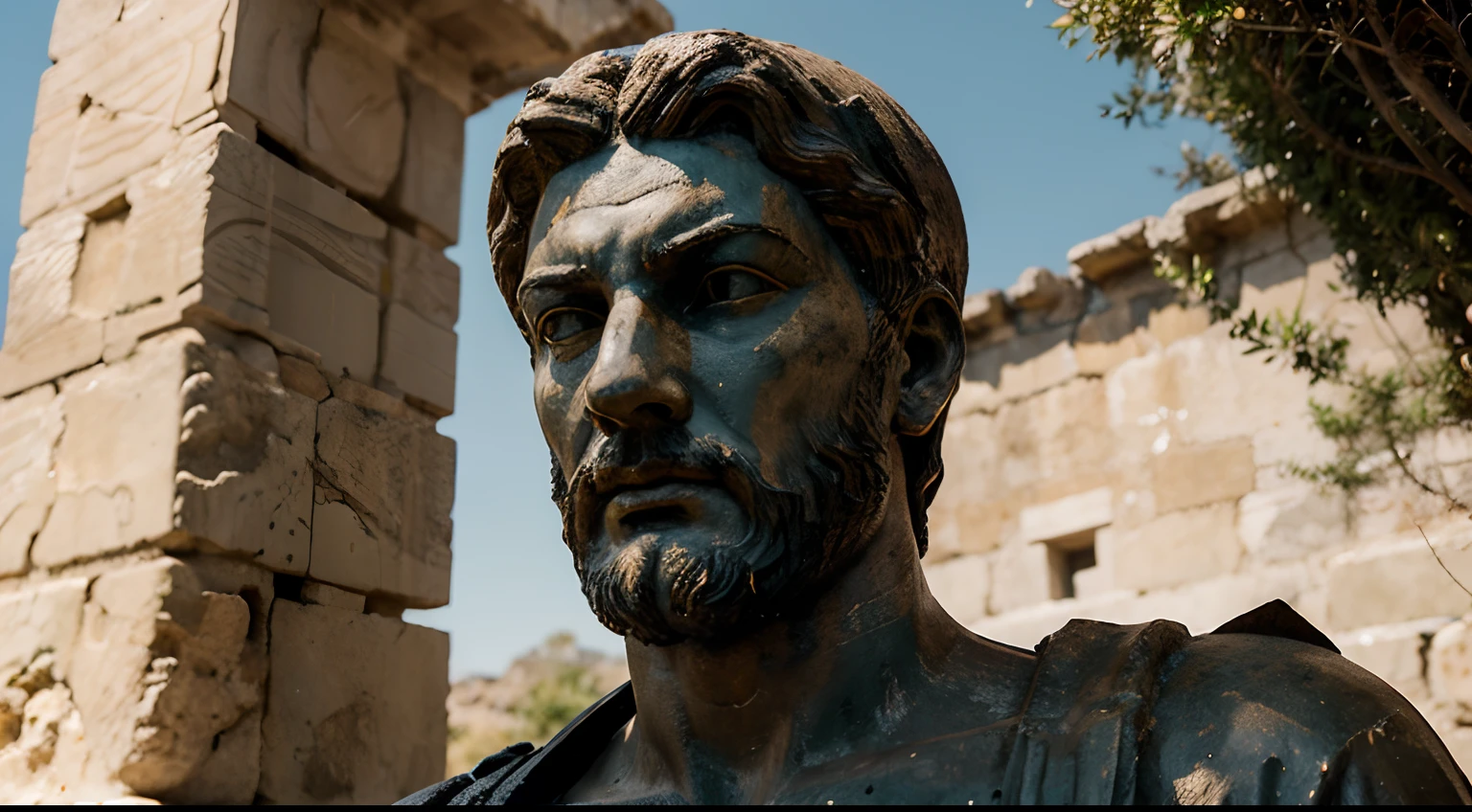 Ancient Stoic Statue With Very Angry Expression, tem barba, muitos detalhes em ambos os olhos, Outside, fundo atenas grego, open sky, com rosto extremamente detalhado full body view, Colors with low saturation with dark tone, Filmado em Sony A7S III com Sony FE 35mm f/1.8, 12.1 MP, --AR 3:2 --estilo cru