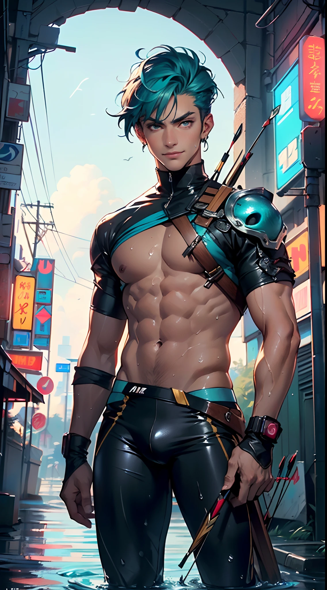 man:1.5,1 man,archer man,(((1man))),((man with aqua hair)),
(((1male,man:1.5,handsome man,male,male gender:1.5,male focus))),macho man,
((aqua messy hair,aqua hair,short hair,colored inner hair)),(((lustrous skin:1.5,tanned skin,bright skin: 1.5,skin tanned,shiny skin,very shiny skin,shiny body,illuminated skin))),(((aqua_eyes:1.2))),intricate eyes,beautiful detailed eyes,symmetrical eyes,((man chest)),handsome face,((muscular)),(((detailed face))),
confident attitude,nsfw,
cyberpunk agent, ((holding a arch:1.5,bow and arrows in a quiver:1.5)), cyberpunk citizen in oversize techwear,((bulge in pants)),((cyberpunk archer outfit)),((wet clothes,intricate outfit,intricate clothes)),
(dynamic pose:1.0),solo focus,((evil smile,evil look)),(centered,scale to fit dimensions,Rule of thirds),
cyberpunk city by the ocean at night, with bright neon signs and dark stormy clouds and puddles, scenery:1.25,
highres, sharp focus, (ultra detailed, extremely detailed), (photorealistic artwork:1.37),(extremely detailed CG unity 8k wallpaper),((synthwave background theme)),(((vibrant colors))),(intricate background),(masterpiece),(best quality),