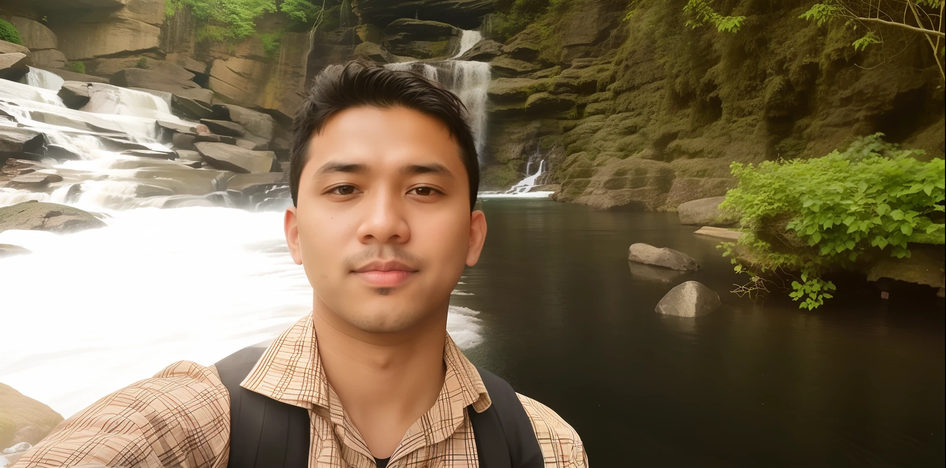 there is a man standing in front of a waterfall taking a selfie, waterfall in the background, waterfalls in the background, next to a waterfall, nivanh chanthara, with a waterfalls, standing near a waterfall, with waterfalls, standing in front of a waterfall, waterfall in background, thawan duchanee, photo taken in 2 0 2 0