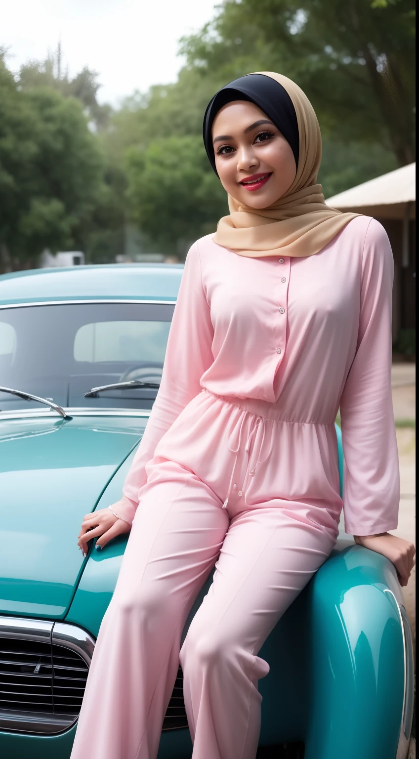 Malay girl in hijab wear pastel color jumpsuit, seat infront of vintage car, old car, front view, detail skin, detail skin texture, mole below eyes, small breast, big hip, big waist, big thigh, slim abs, beautiful body, evening, laughing, happy, bright lighting, blur background, bokeh,