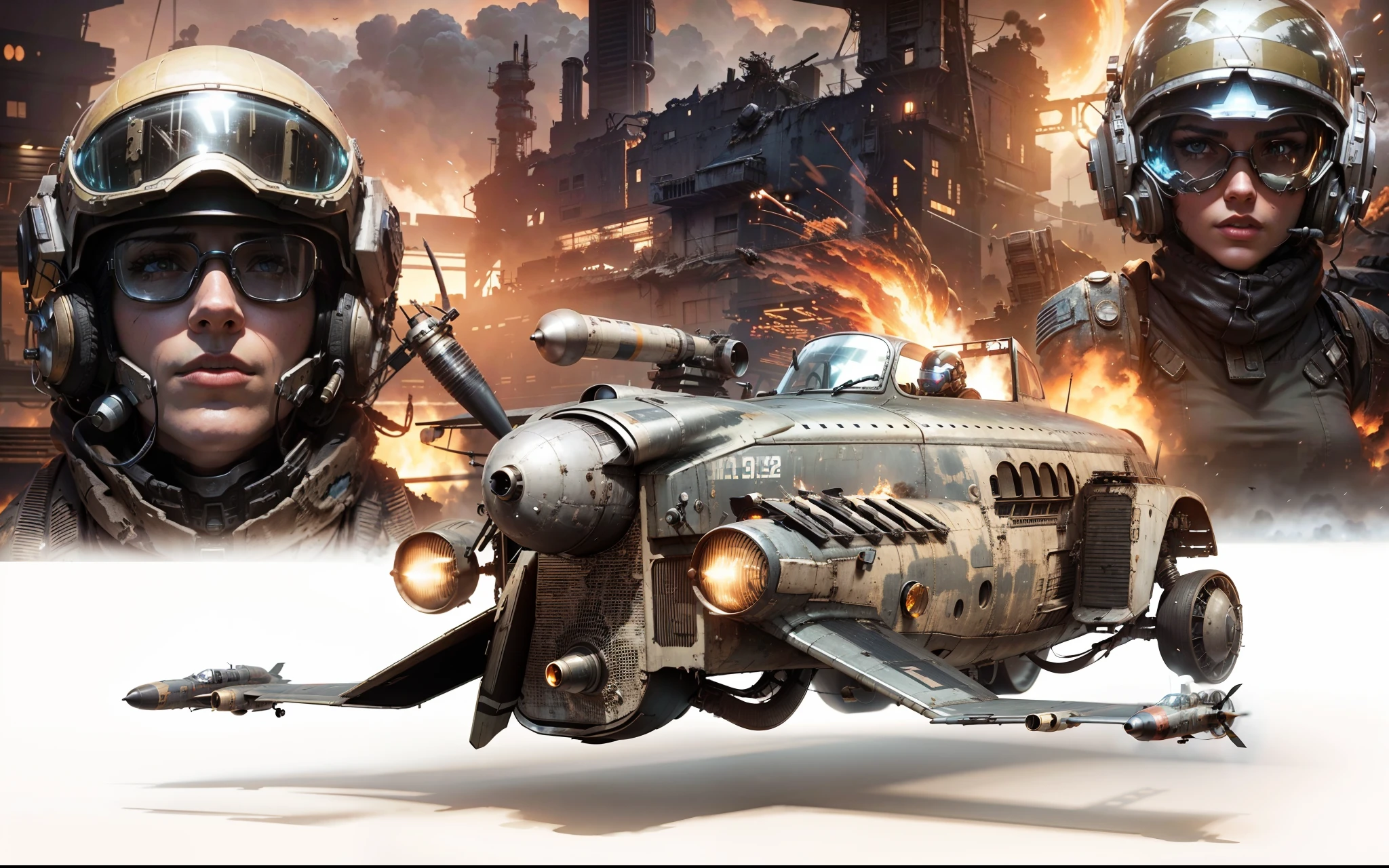 An old flying vehicle heavily armed with missiles and machine guns in the foreground and a beautiful sci fy pilot and a beautiful woman in sci fy style behind and in the background semi destroyed factory buildings retro future style and the fire in various spotlights brightening the night