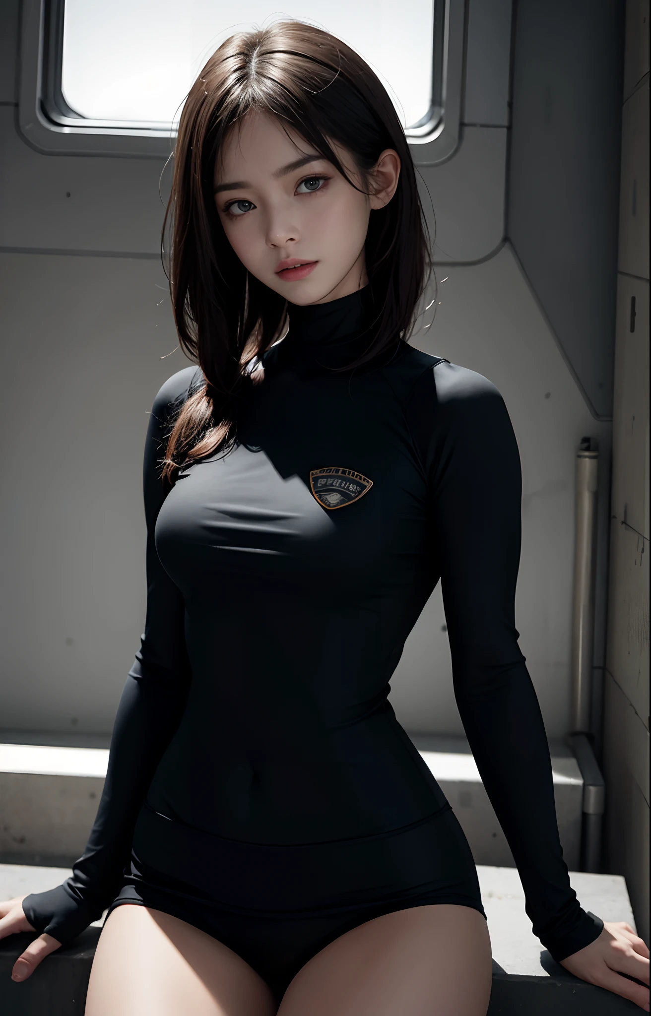 Highest image quality, outstanding details, ultra-high resolution, (realism: 1.4), ((close up:0.75)), highly condensed 1 lady, with beautiful and a delicate face, perfect proportion, (chubby:0.3, small breasts), (cloths color base ratio black:0.2 white:0.6 other-color:0.1), (wearing rash-guard likes police uniform, black tight, black and grey mecha, wearing high-tech heavy gasmask, military harness, carrying hich-tech-flamethrower-tank on back), background simple grey wall,