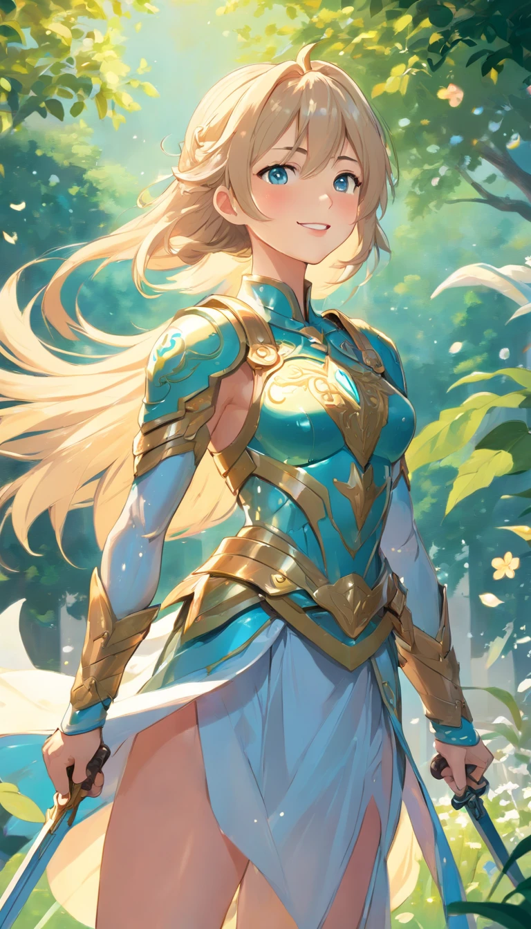 (best quality,4k,highres,ultra-detailed),beautiful detailed eyes,beautiful detailed lips,extremely detailed eyes and face,long eyelashes,long white hair with pigtails,white dress and armor,slender body,confident pose,teal eyes,delicate features,soft skin,curly hair,fierce warrior,proud expression,subtle makeup,innocent smile,strong muscles,perfectly proportioned,body covered in intricate armor,golden accents shining brightly,shimmering blue jewelry,standing in a lush green garden,flowers blooming all around,soft sunlight casting gentle shadows,leaves gently rustling in the breeze,sparkling dew drops on petals,graceful movements,elegant posture,shield and sword in hand,ready for battle.