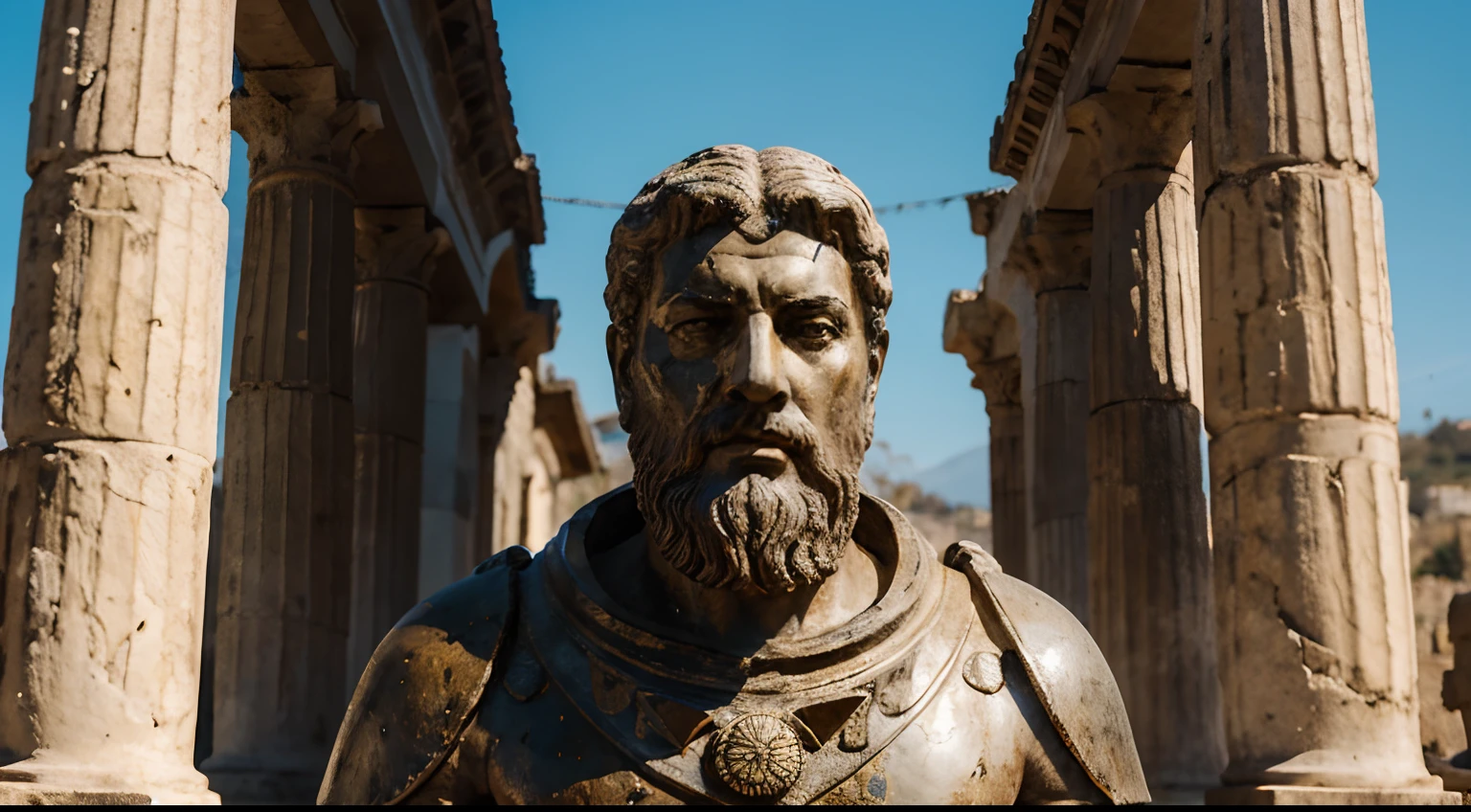 Ancient Stoic Statue With Very Angry Expression, tem barba, muitos detalhes em ambos os olhos, Outside, fundo atenas grego, open sky, com rosto extremamente detalhado full body view, Colors with low saturation with dark tone, Filmado em Sony A7S III com Sony FE 35mm f/1.8, 12.1 MP, --AR 3:2 --estilo cru