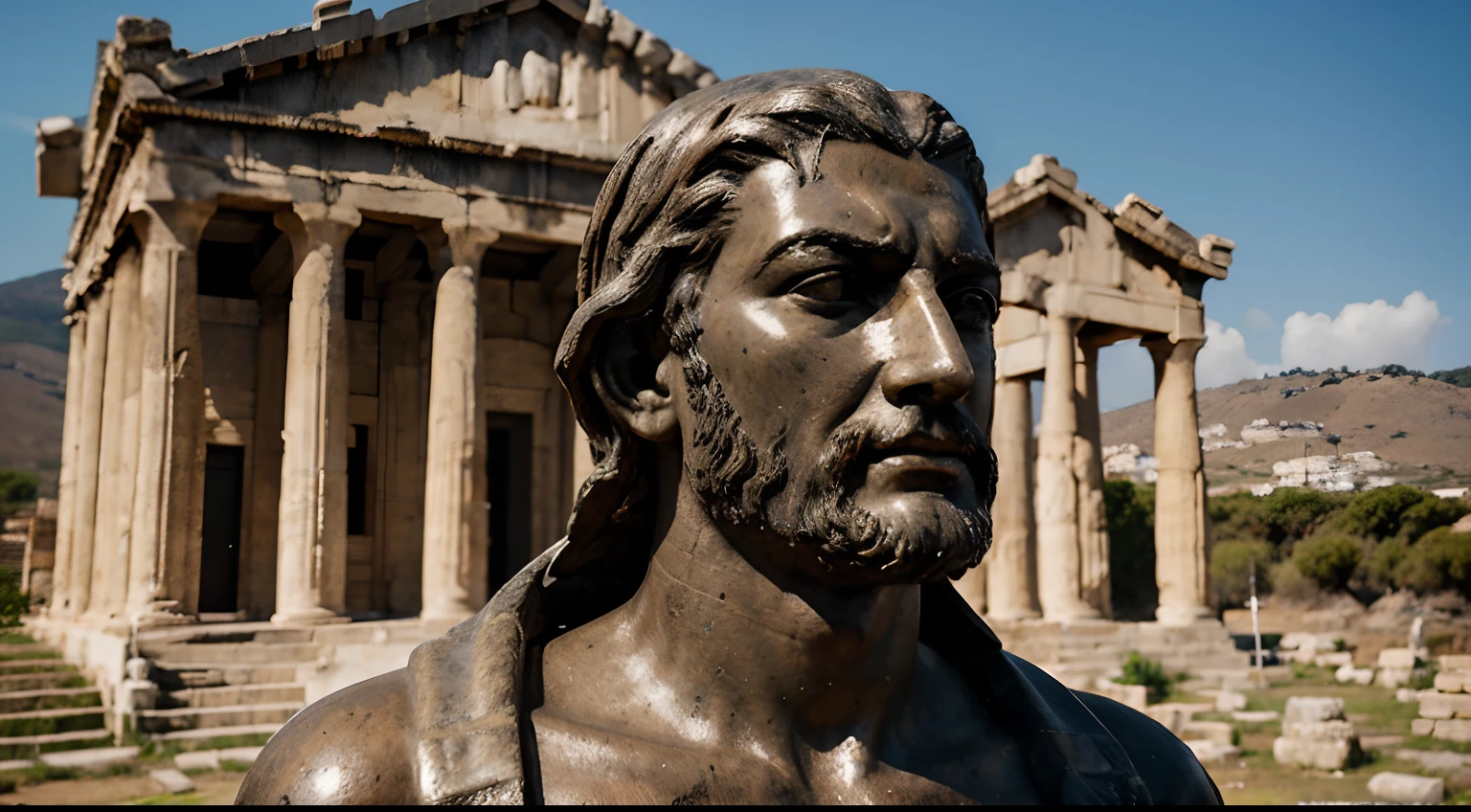 Ancient Stoic Statue With Very Angry Expression, tem barba, muitos detalhes em ambos os olhos, Outside, fundo atenas grego, open sky, com rosto extremamente detalhado full body view, Colors with low saturation with dark tone, Filmado em Sony A7S III com Sony FE 35mm f/1.8, 12.1 MP, --AR 3:2 --estilo cru