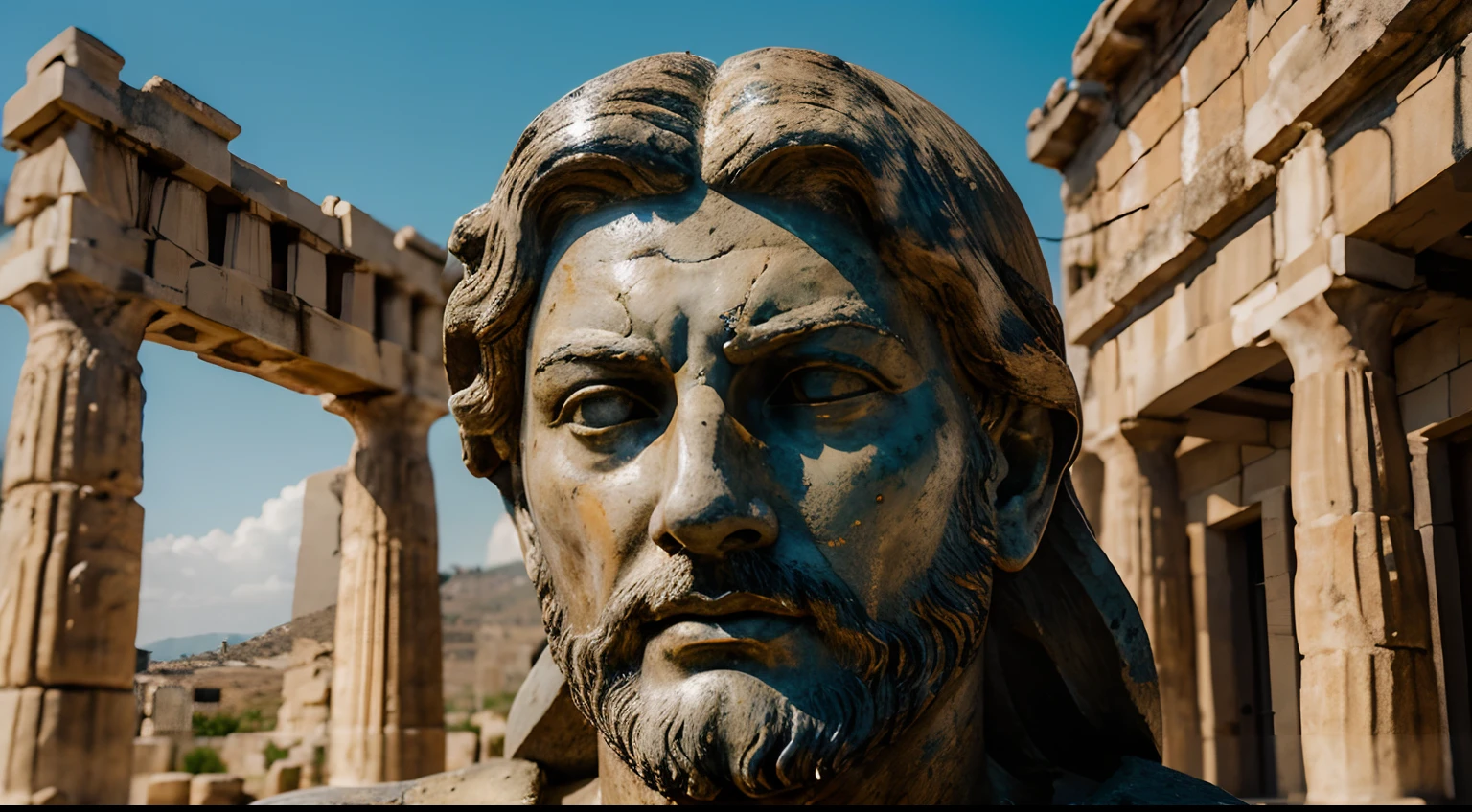 Ancient Stoic Statue With Very Angry Expression, tem barba, muitos detalhes em ambos os olhos, Outside, fundo atenas grego, open sky, com rosto extremamente detalhado full body view, Colors with low saturation with dark tone, Filmado em Sony A7S III com Sony FE 35mm f/1.8, 12.1 MP, --AR 3:2 --estilo cru