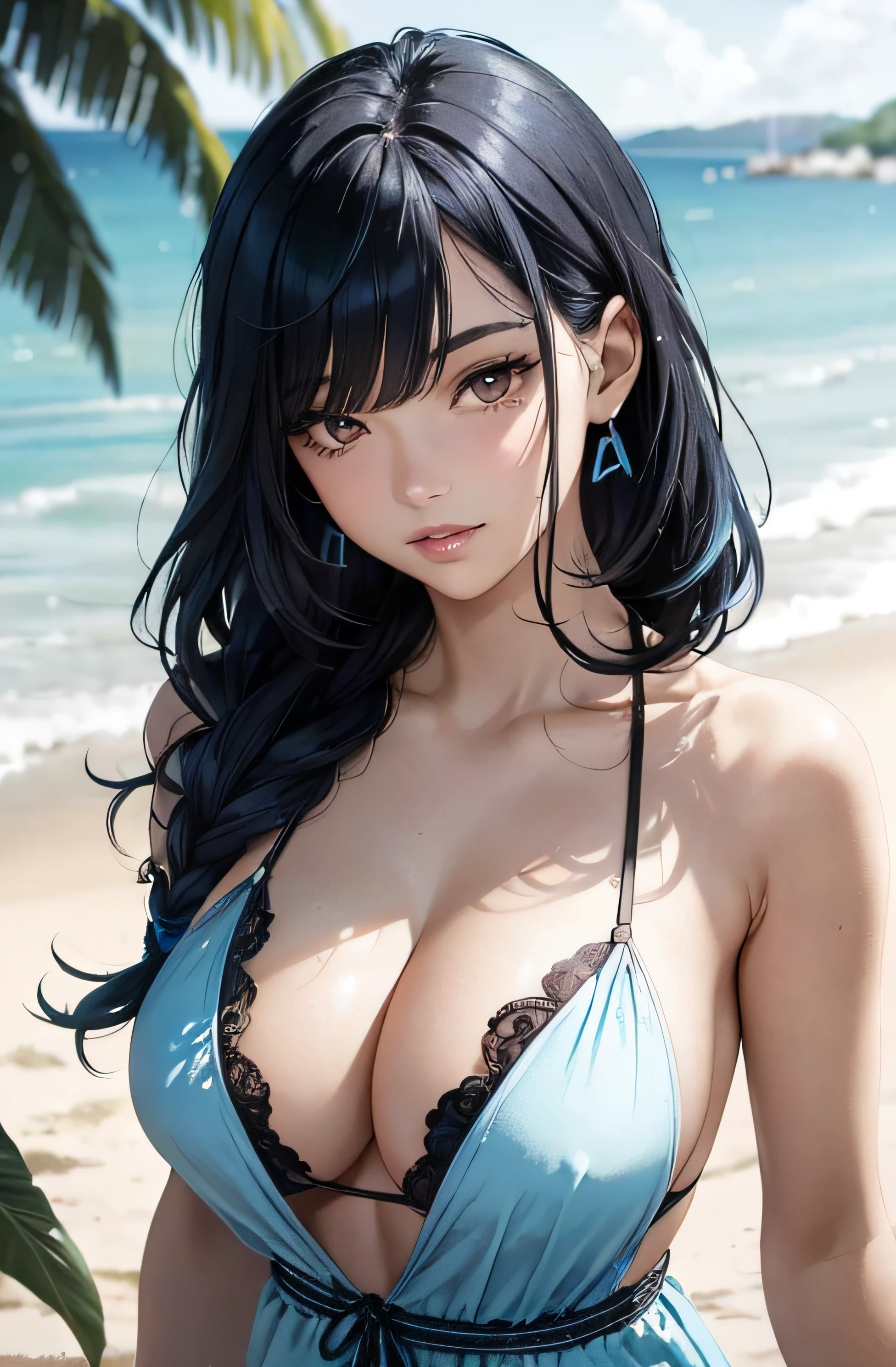 (A photo of upper body), Beautiful face, Highly detailed face and skin texture, (Detailed eyes), Brown eyes, Double eyelids, Thin eyebrows, Glitter eyeliner: 1.2, Natural cheeks, Shiny skin, Fair skin, (((with beach dress))), (Shiny lips: 1. 4), (Seductive smile), (20 years old), (Wavy hair, Diagonal bangs), ((black and blue hair)), mid hair, ((Upper body shot)), ((Focus on chest and face)), Medium large breasts, Upturned breasts.