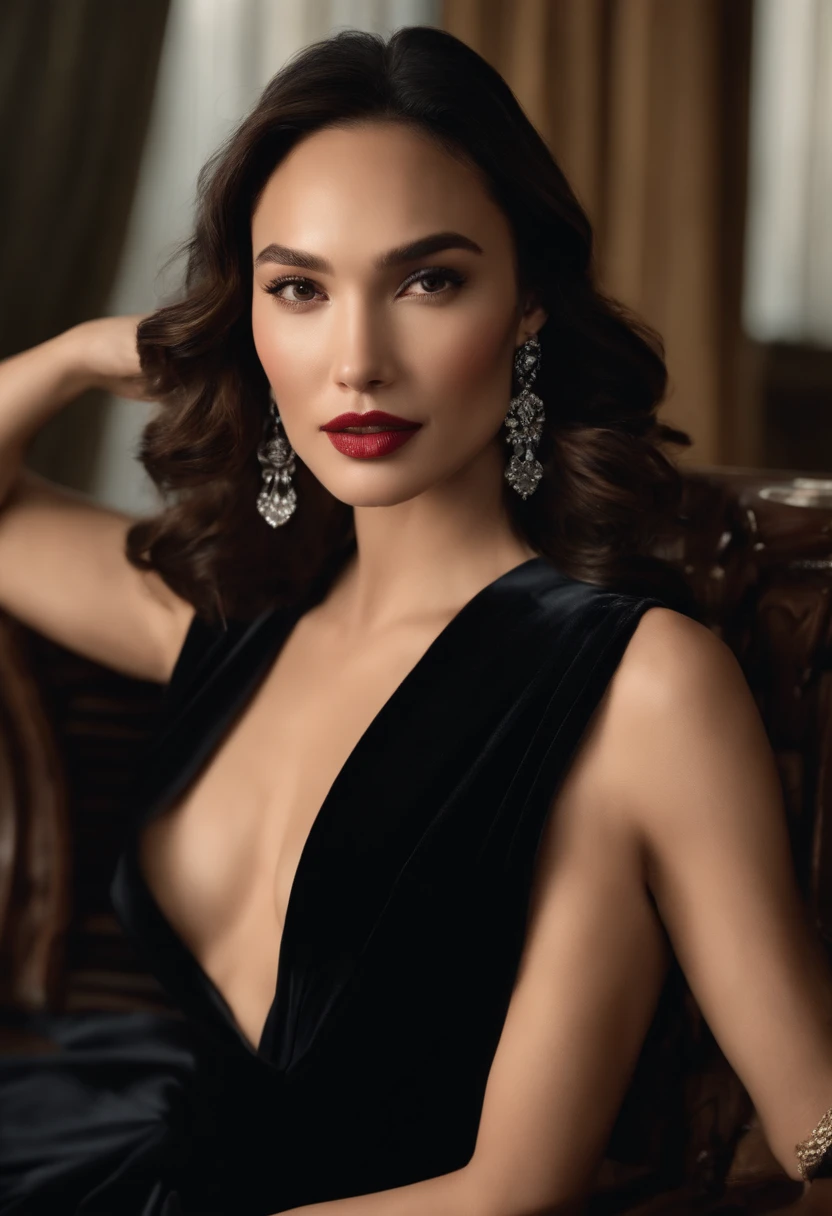 Busty Chinese woman in black dress sitting in chair holding box, photo of the beauty gal gadot, high-definition photograph, Magazine photo shoot, intense smoldering, posing elegantly, , stunning elegant pose, Pose gracefully on camera, high - end fashion photoshoot，Plump breasts，Master masterpieces，high qulity，