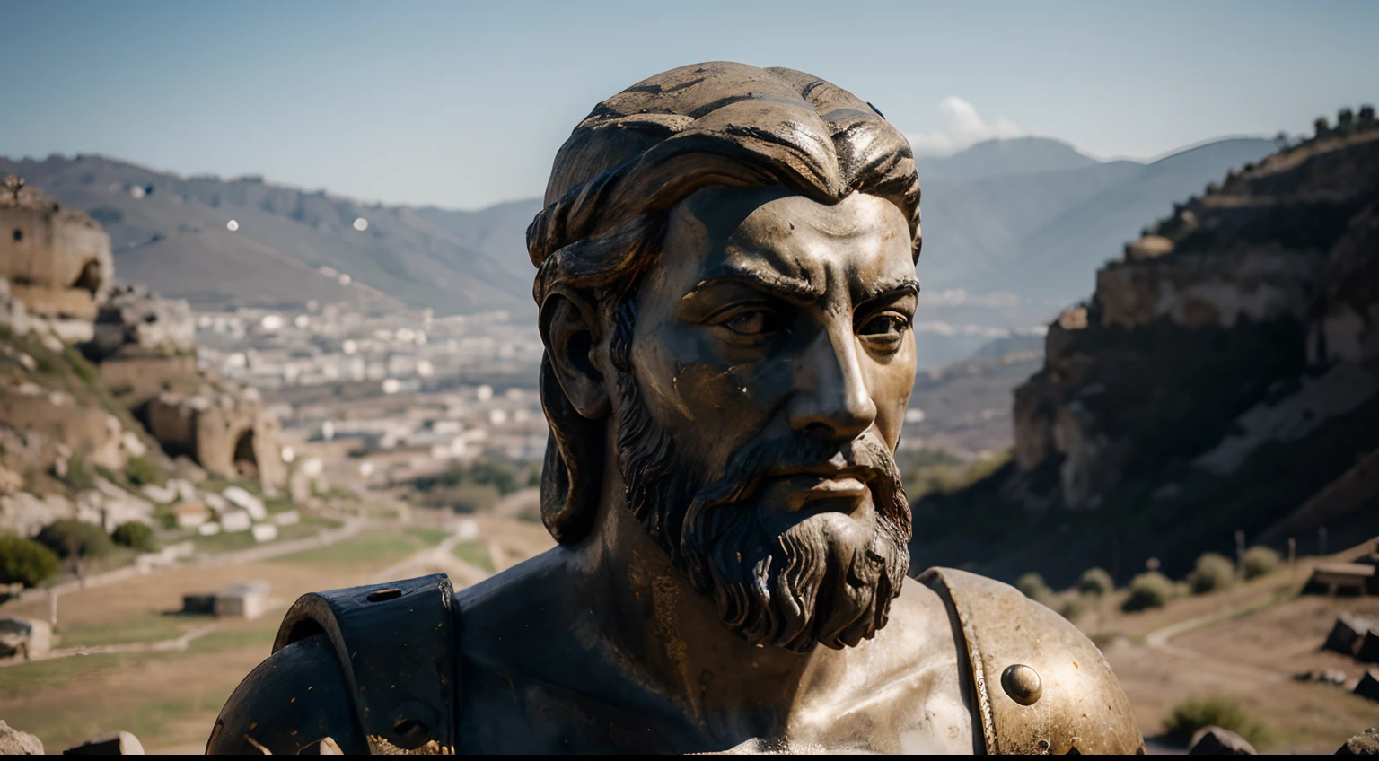 Ancient Stoic Statue With Very Angry Expression, tem barba, muitos detalhes em ambos os olhos, Outside, fundo atenas grego, open sky, com rosto extremamente detalhado full body view, Colors with low saturation with dark tone, Filmado em Sony A7S III com Sony FE 35mm f/1.8, 12.1 MP, --AR 3:2 --estilo cru