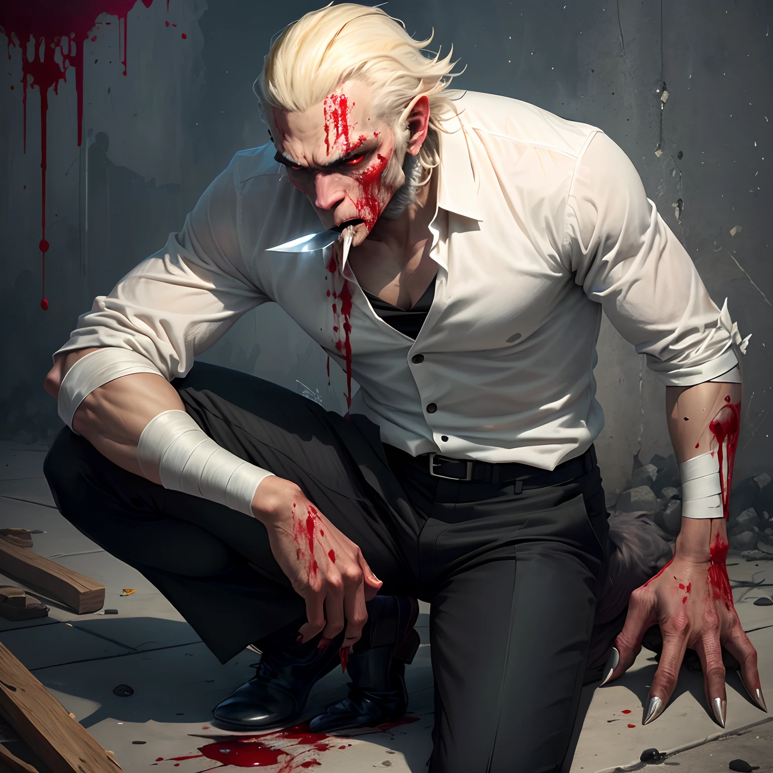 werecreature、low head、Pulling in the mouth、A bandage wrapped around the left arm、low head、There are no dead enemies、Torn white shirt、Black suit pants stained with blood、In his right hand, he holds a knife dripping with blood、Step on the dead enemy with your right leg。