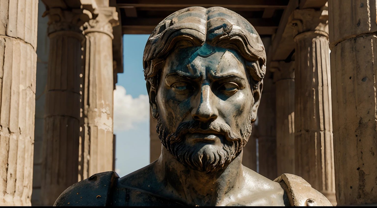 Ancient Stoic Statue With Very Angry Expression, tem barba, muitos detalhes em ambos os olhos, Outside, fundo atenas grego, open sky, com rosto extremamente detalhado full body view, Colors with low saturation with dark tone, Filmado em Sony A7S III com Sony FE 35mm f/1.8, 12.1 MP, --AR 3:2 --estilo cru
