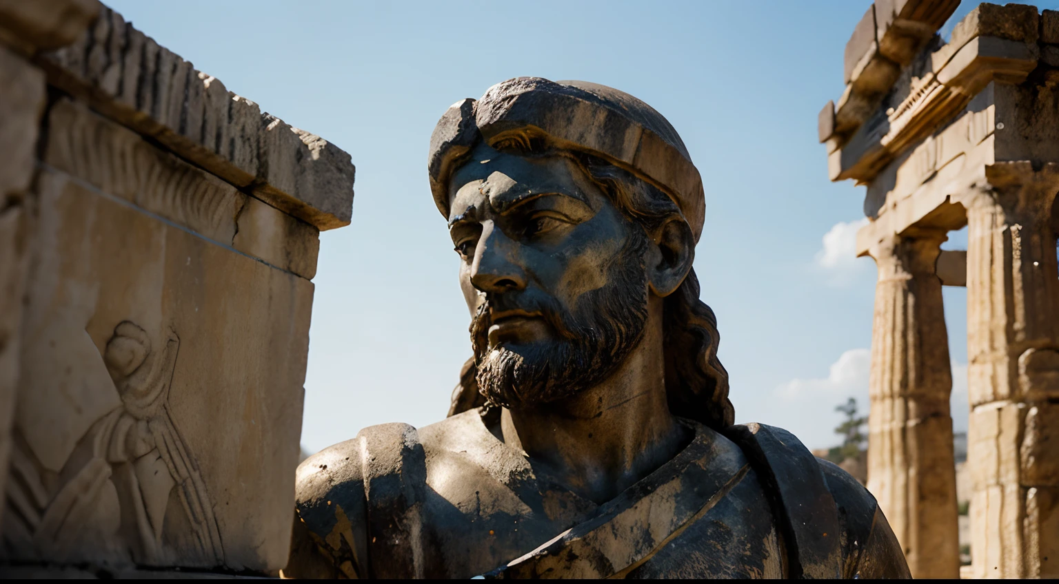 Ancient Stoic Statue With Very Angry Expression, tem barba, muitos detalhes em ambos os olhos, Outside, fundo atenas grego, open sky, com rosto extremamente detalhado full body view, Colors with low saturation with dark tone, Filmado em Sony A7S III com Sony FE 35mm f/1.8, 12.1 MP, --AR 3:2 --estilo cru