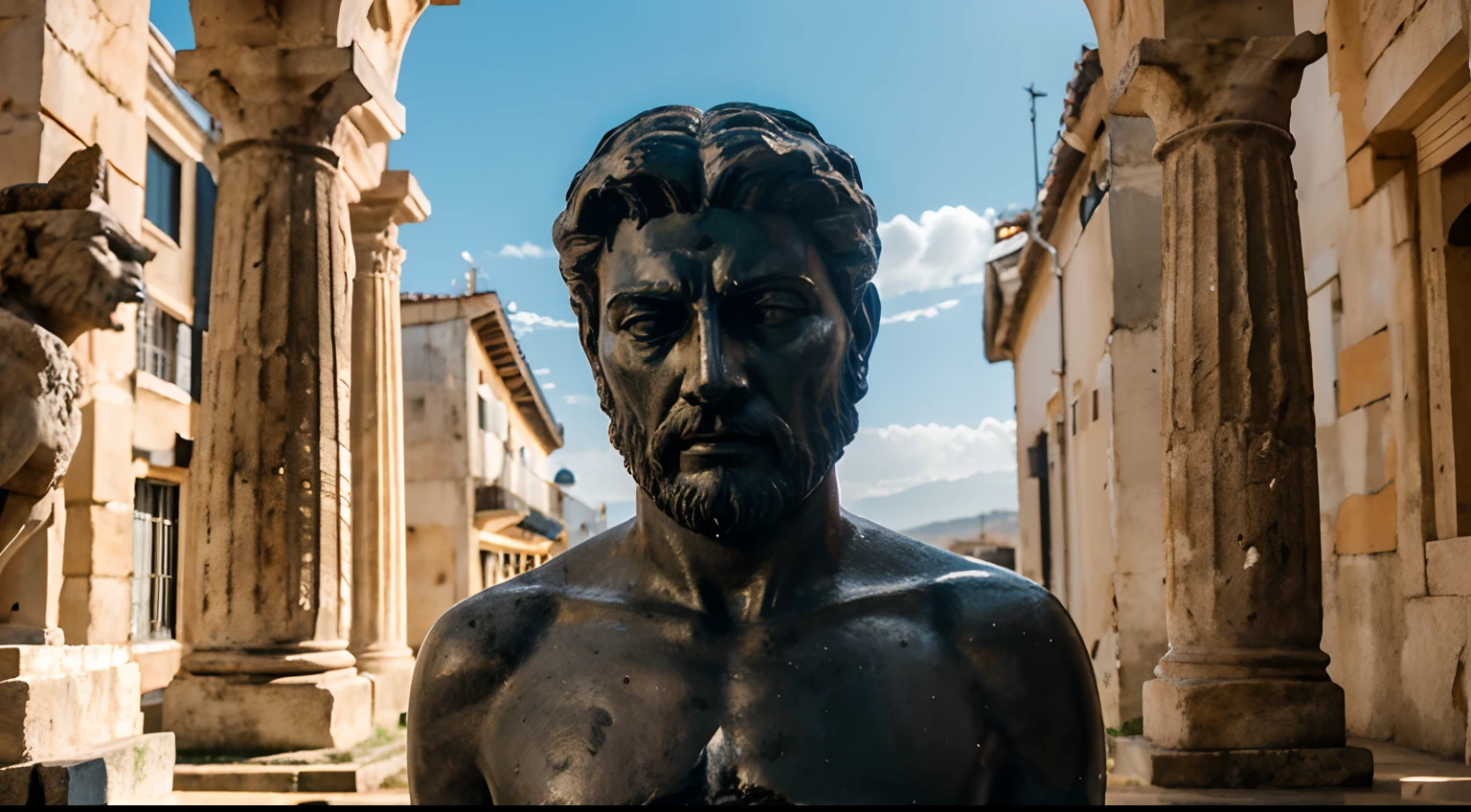 Ancient Stoic Statue With Very Angry Expression, tem barba, muitos detalhes em ambos os olhos, Outside, fundo atenas grego, open sky, com rosto extremamente detalhado full body view, Colors with low saturation with dark tone, Filmado em Sony A7S III com Sony FE 35mm f/1.8, 12.1 MP, --AR 3:2 --estilo cru