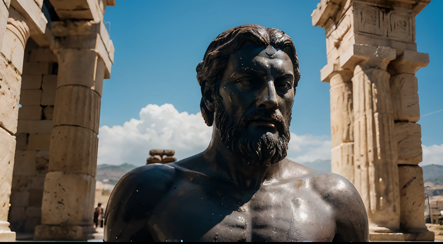 Ancient Stoic Statue With Very Angry Expression, tem barba, muitos detalhes em ambos os olhos, Outside, fundo atenas grego, open sky, com rosto extremamente detalhado full body view, Colors with low saturation with dark tone, Filmado em Sony A7S III com Sony FE 35mm f/1.8, 12.1 MP, --AR 3:2 --estilo cru