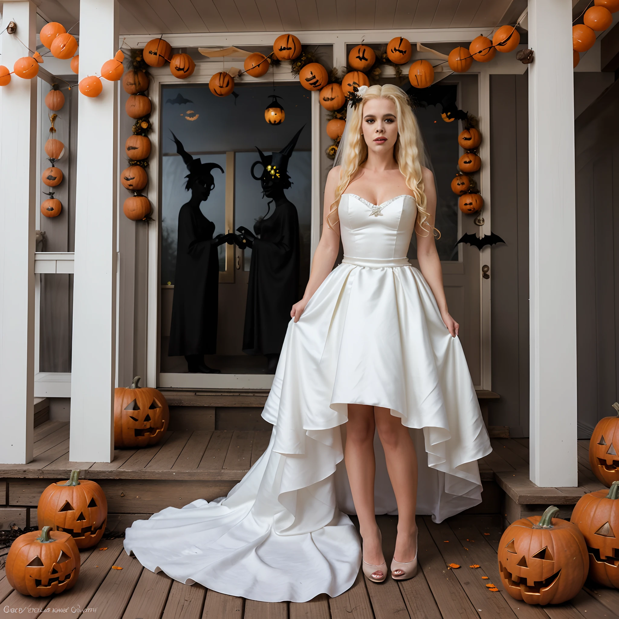 Beautiful female, long blonde hair, wearing Bride of Frankenstein, standing on a porch, Halloween decorations