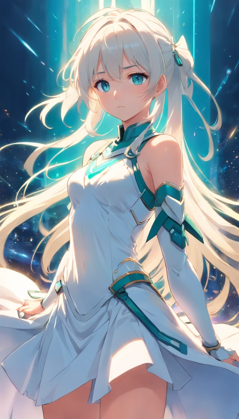 young girl, teal eyes, white dress and armor, long white hair with pigtails, big chest