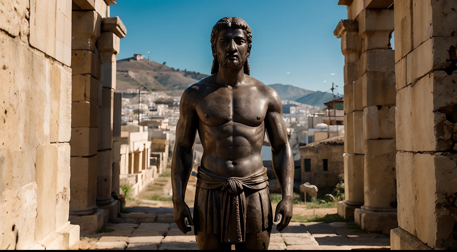 Ancient Stoic Statue With Very Angry Expression, tem barba, muitos detalhes em ambos os olhos, Outside, fundo atenas grego, open sky, com rosto extremamente detalhado full body view, Colors with low saturation with dark tone, Filmado em Sony A7S III com Sony FE 35mm f/1.8, 12.1 MP, --AR 3:2 --estilo cru