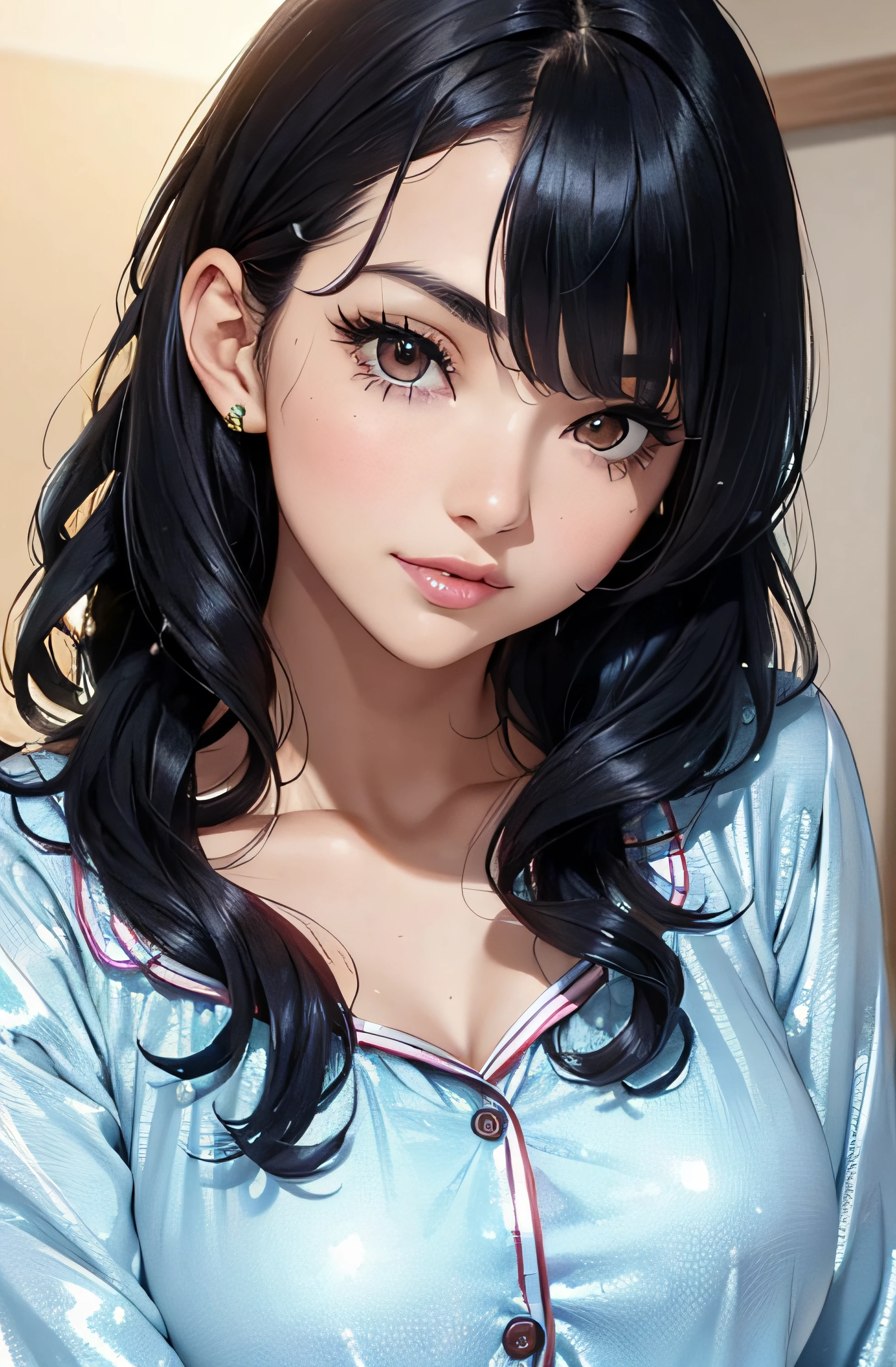 (A photo of upper body), Beautiful face, Highly detailed face and skin texture, (Detailed eyes), Brown eyes, Double eyelids, Thin eyebrows, Glitter eyeliner: 1.2, Natural cheeks, Shiny skin, Fair skin, (((with youthful pajamas))), (Shiny lips: 1. 4), (Seductive smile), (20 years old), (Wavy hair, Diagonal bangs), ((black and blue hair)), mid hair, ((Upper body shot)), ((Focus on chest and face)), Medium large breasts, Upturned breasts.