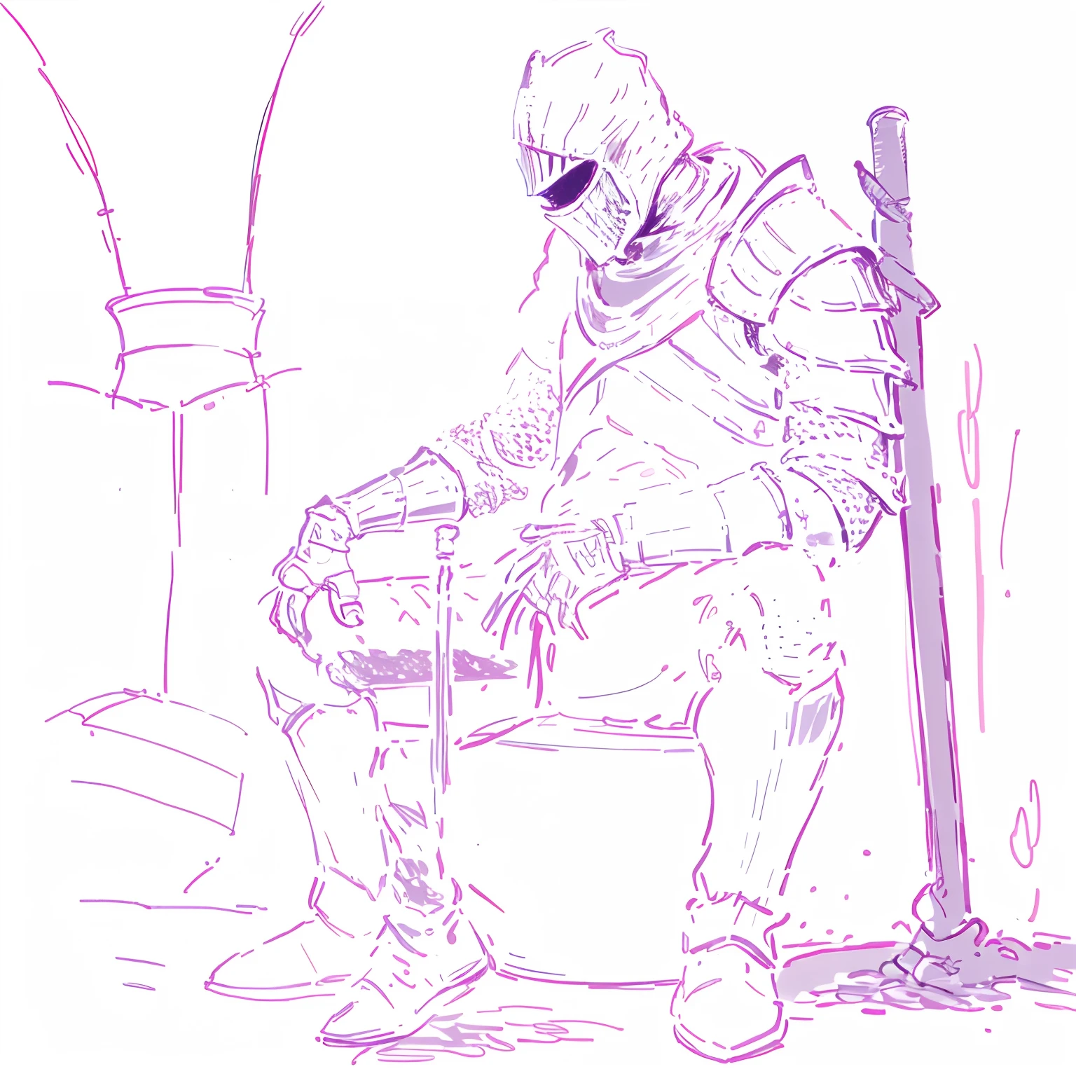 a drawing of a man sitting on a toilet, dark souls knight, the dark souls knight, dark souls 3, dark souls style, darksouls, knight drinks beer, dark souls, dark souls iii, shining pink armor, wizard pondering his orb, demon souls, dark souls art, medieval fantasy illustration, snail vs knight, city ruins background