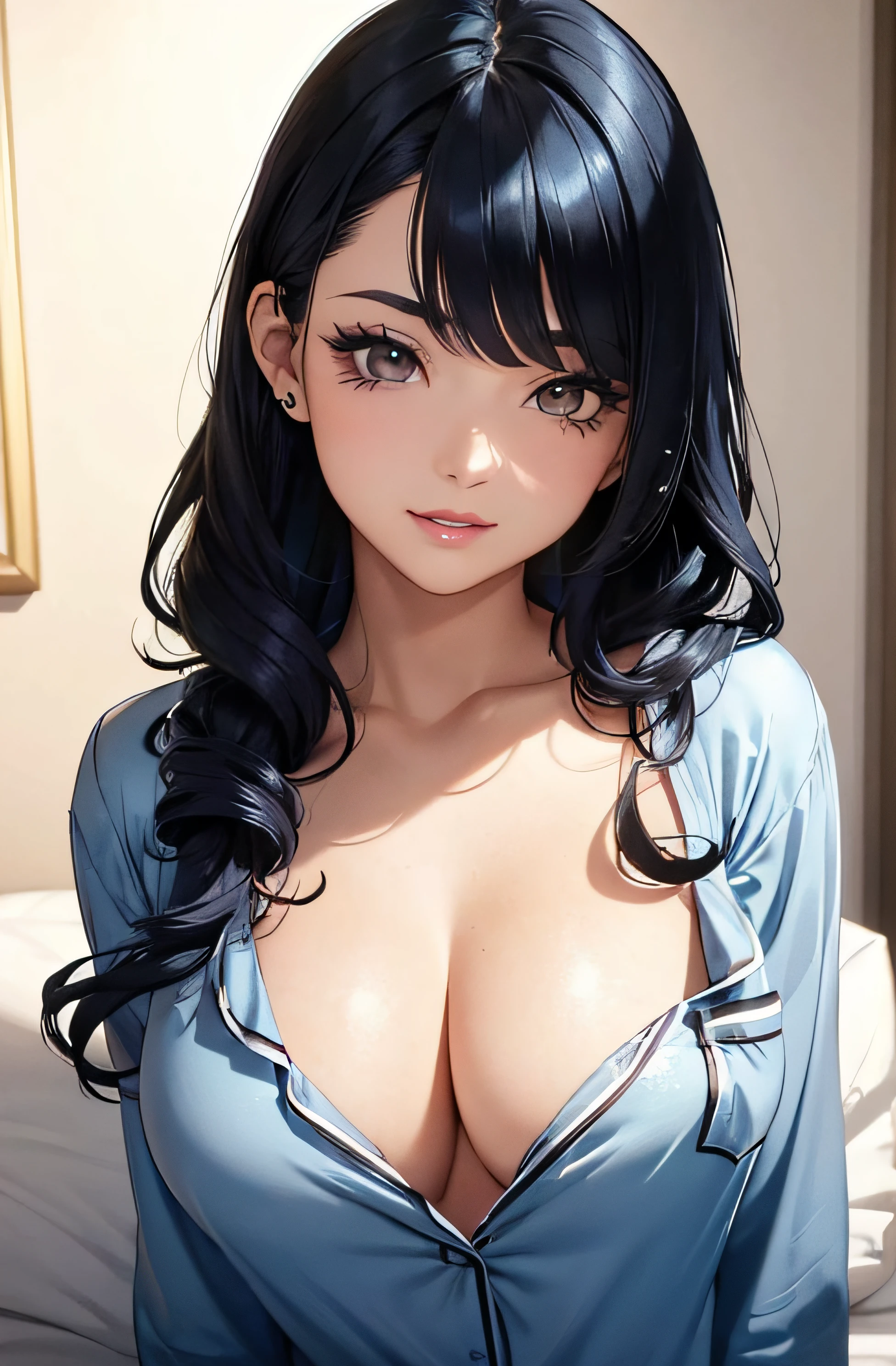 (A photo of upper body), Beautiful face, Highly detailed face and skin texture, (Detailed eyes), Brown eyes, Double eyelids, Thin eyebrows, Glitter eyeliner: 1.2, Natural cheeks, Shiny skin, Fair skin, (((with youthful pajamas))), (Shiny lips: 1. 4), (Seductive smile), (20 years old), (Wavy hair, Diagonal bangs), ((black and blue hair)), mid hair, ((Upper body shot)), ((Focus on chest and face)), Medium large breasts, Upturned breasts.