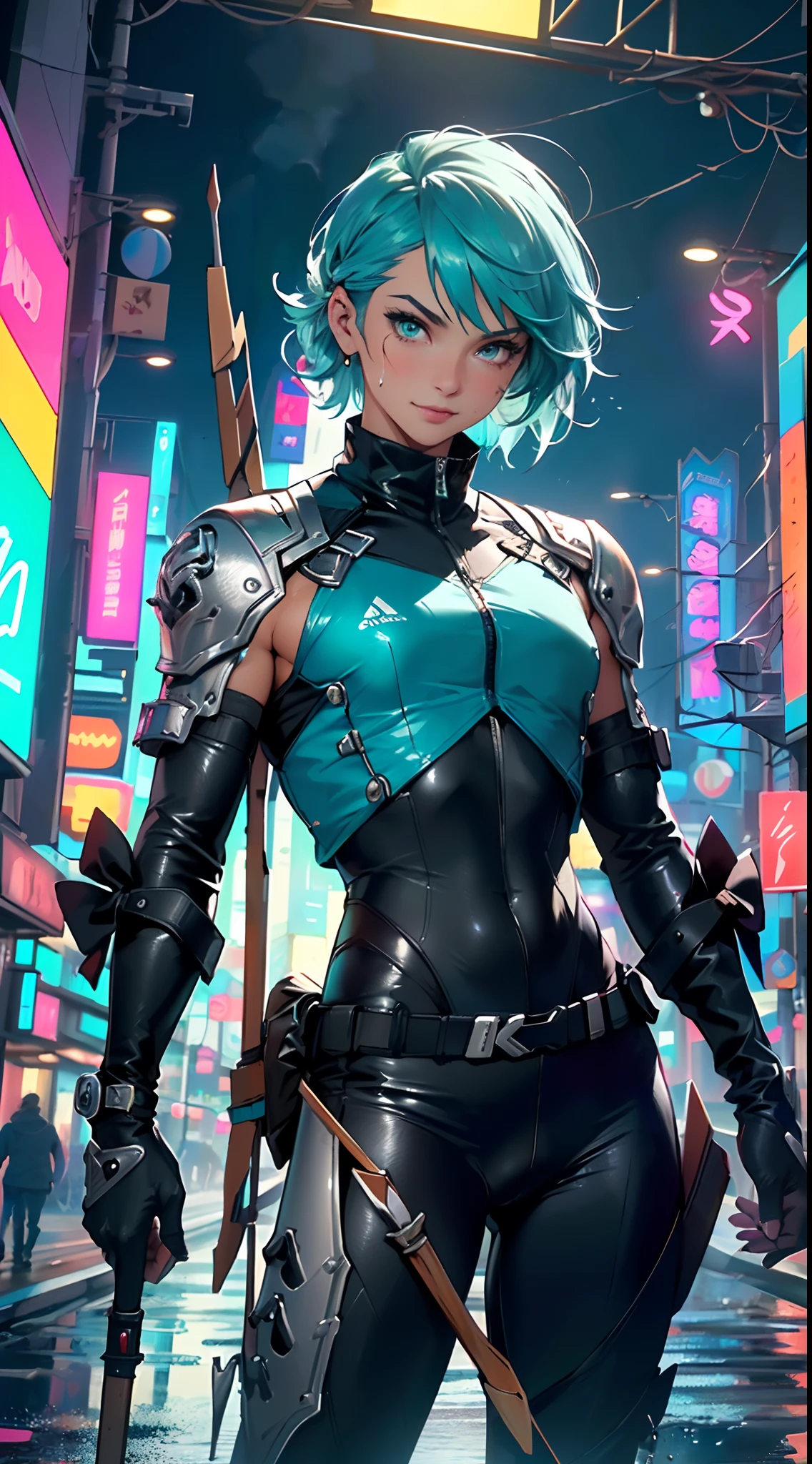 man:1.5,1 man,archer man,(((1man))),((man with aqua hair)),

(((1male,man:1.5,handsome man,male,male gender:1.5,male focus))),macho man,

((aqua messy hair,aqua hair,colored inner hair)),(((lustrous skin:1.5,tanned skin,bright skin: 1.5,skin tanned,shiny skin,very shiny skin,shiny body,illuminated skin))),(((aqua_eyes:1.2))),intricate eyes,beautiful detailed eyes,symmetrical eyes,((man chest)),handsome face,((muscular)),(((detailed face))),

confident attitude,nsfw,

cyberpunk agent, standing, ((holding a bow:1.5,futuristic bow and arrow holder:1.5)), cyberpunk citizen in oversize techwear,((bulge in pants)),((cyberpunk archer outfit)),((wet clothes,intricate outfit,intricate clothes)),

(dynamic pose:1.0),solo focus,((evil smile,evil look)),(centered,scale to fit dimensions,Rule of thirds),

cyberpunk city by the ocean at night, with bright neon signs and dark stormy clouds and puddles, scenery:1.25,

highres, sharp focus, (ultra detailed, extremely detailed), (photorealistic artwork:1.37),(extremely detailed CG unity 8k wallpaper),((synthwave background theme)),(((vibrant colors))),(intricate background),(masterpiece),(best quality),