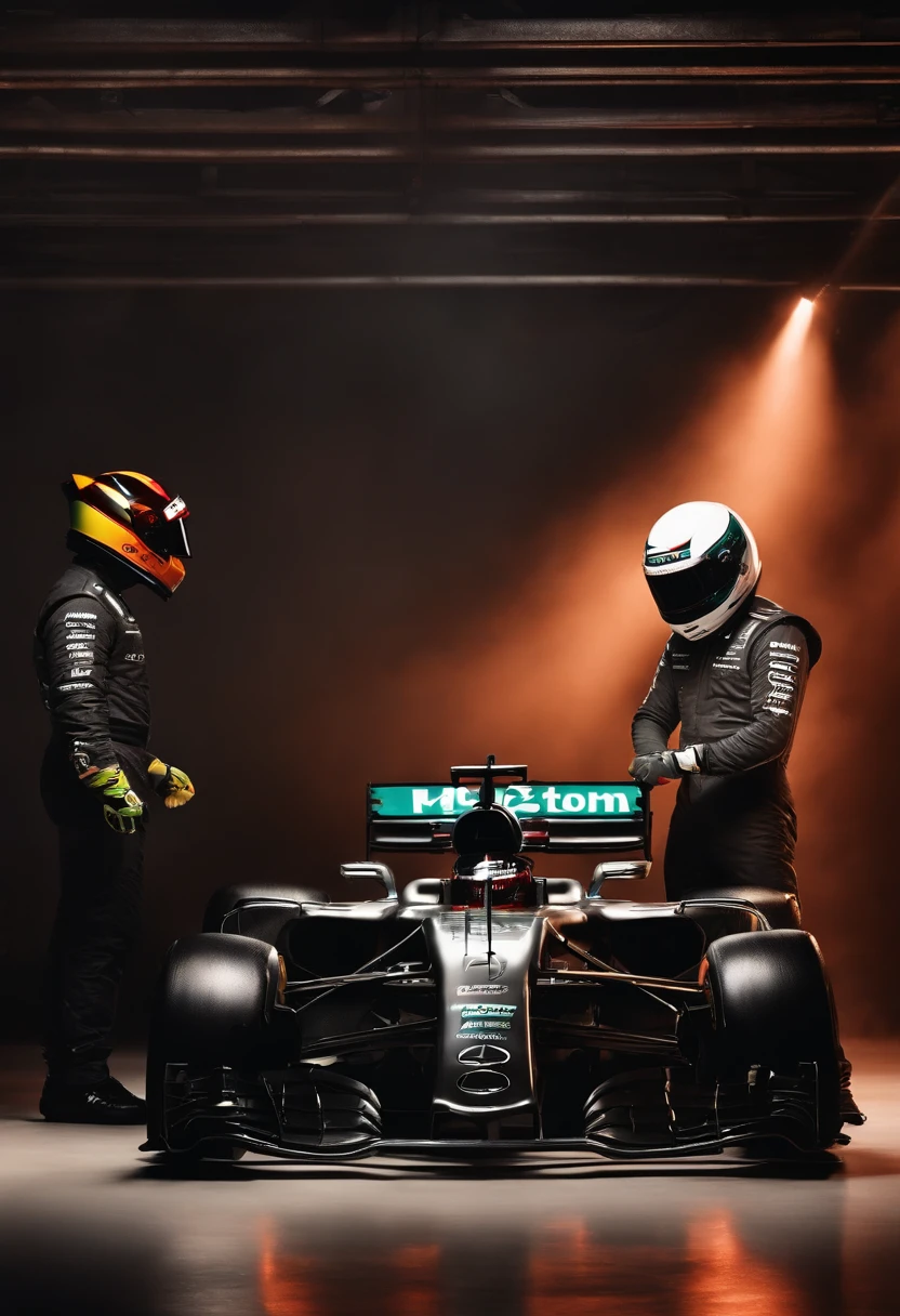 make the image of a studio photo of a guy in a helmet next to a Mercedes Formula 1 car