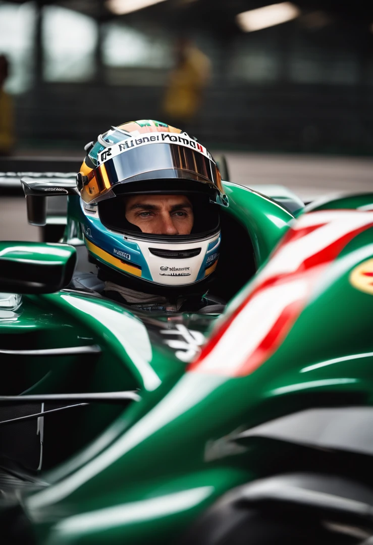 make the image of a studio photo of a guy in a helmet next to a Mercedes Formula 1 car