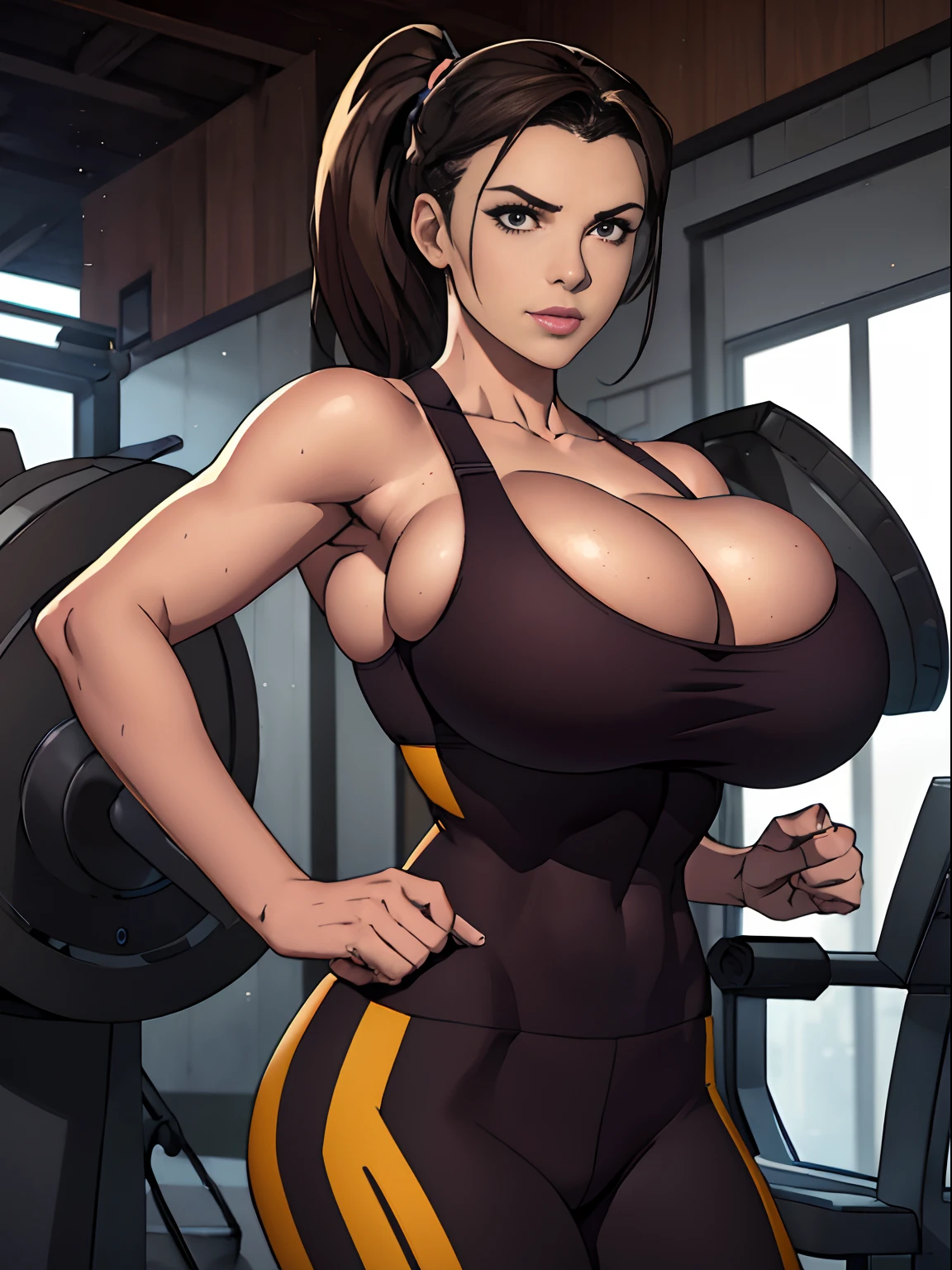 (masterpiece, top quality, best quality, official art, beautiful and aesthetic:1.2), (1girl:1.3), (gorgeous face), light freckles, fair skin, brown hair, extremely detailed, portrait, looking at viewer, solo, (full body:0.6), detailed background, close up, (airy modern theme:1.1), extremely busty gym girl, ponytail, big lips, arched back, charlatan, smirk, mysterious, standing in the gym, sports bra, leggings, headphones, wet, workout gear, weight machines, windows, modern gym, well-lit, thin and toned physique, ((((gigantic breasts, cleavage, skindentation)))), slim waist, slim hips, long legs, modern (gym interior:1.1) background, dark mysterious lighting, shadows, magical atmosphere, dutch angle,