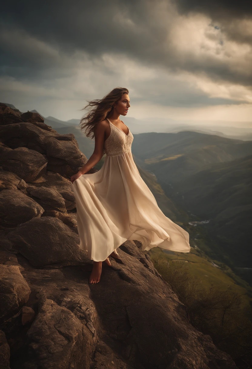 Beautiful girl, corpo inteiro, corpo atraente, corpo magro bonito, rosto bonito atraente, peito grande, cute flowing dress, olhos realistas, Doe eyes, Standing on top of the mountain, arms outstretched, tiro de corpo inteiro, Ultra HD |, HDR, dramatic lighting, Volumetric lighting, detalhes intrincados, master part, 8k